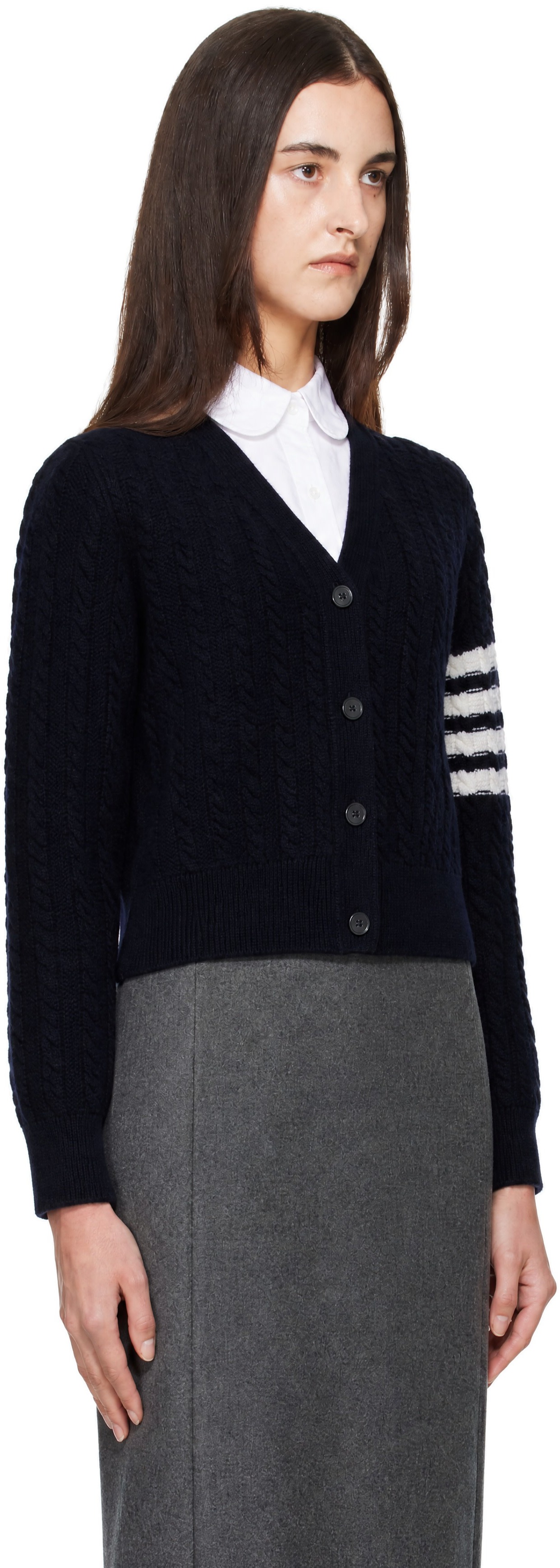 Thom Browne: Navy 4-Bar Anchor Intarsia Cardigan | SSENSE Canada