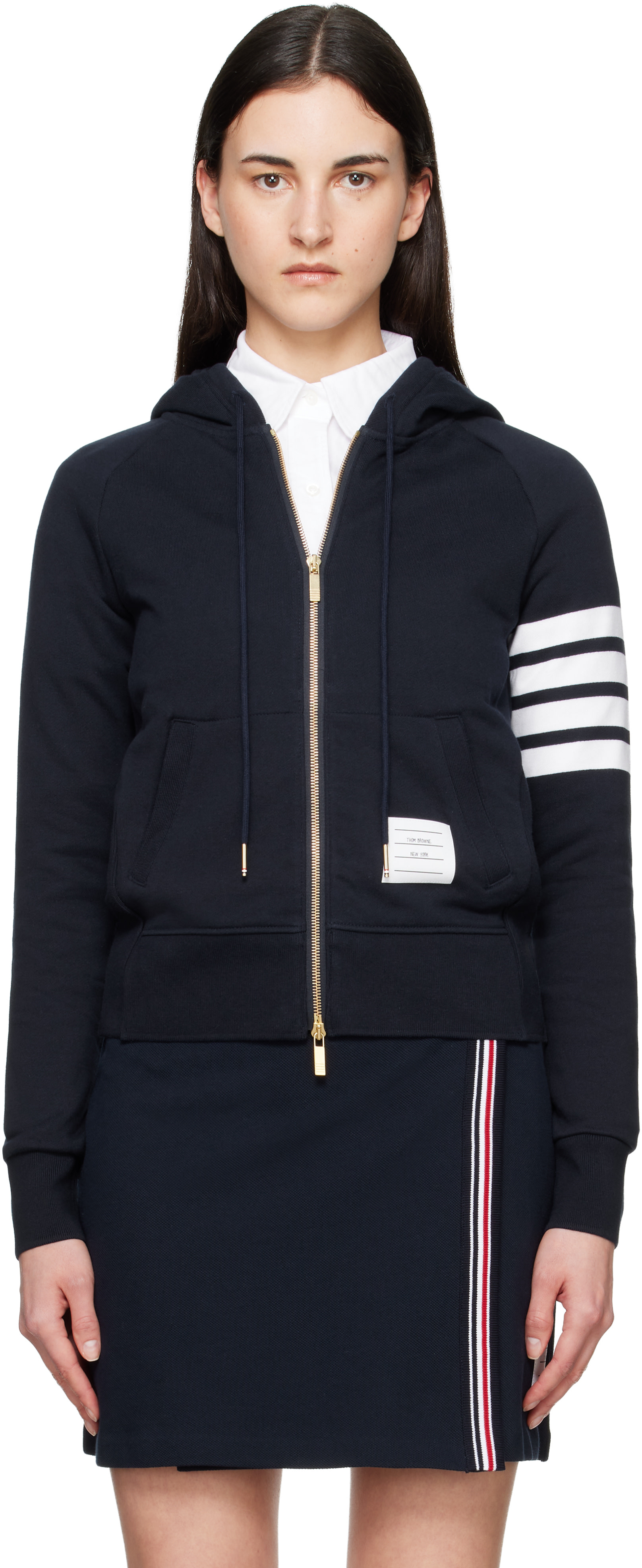 Thom Browne: Navy Classic Loopback 4-Bar Zip Hoodie | SSENSE Denmark
