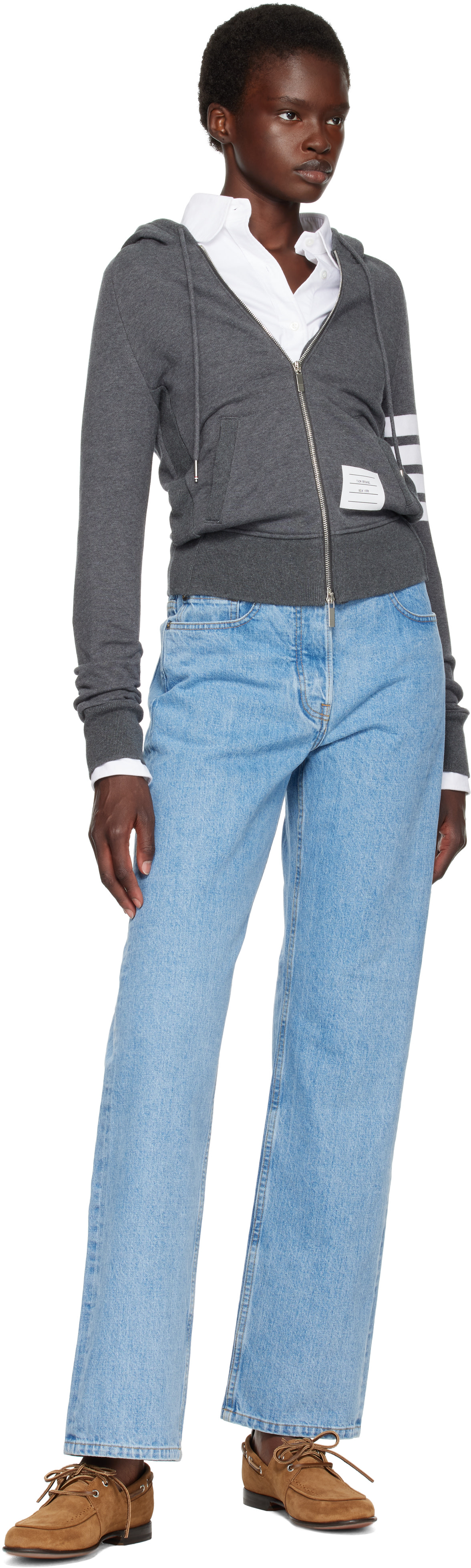 Thom Browne - Pull à capuche gris à quatre rayures et à glissière