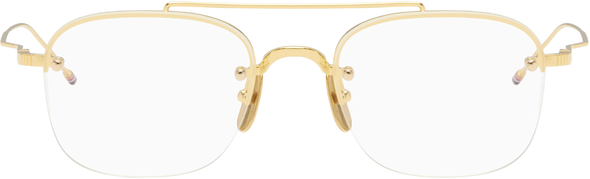 ◆美品◆THOM BROWNE◆TB-011◆SHINY 12K GOLD◆ Thom Browne: Gold Titanium Semi-Rimless Pilot Glasses | SSENSE