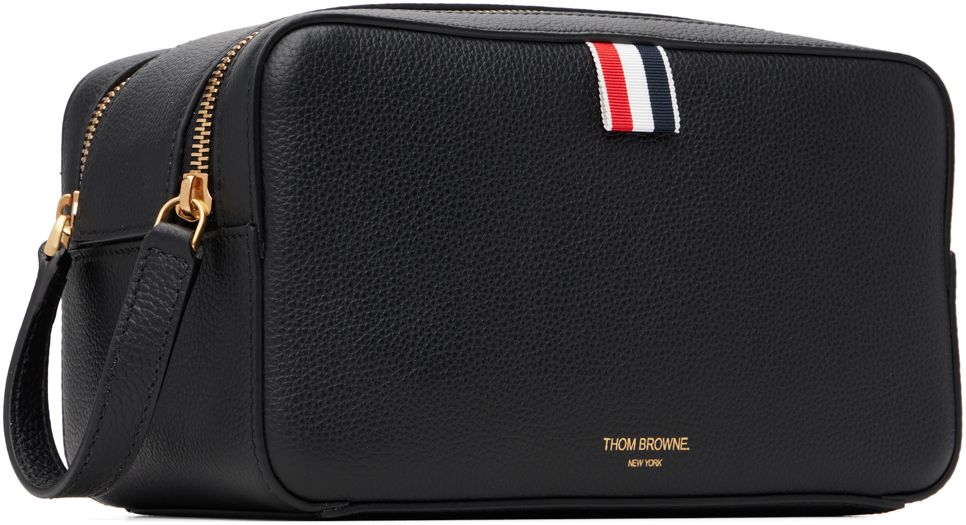 Thom Browne: Black Soft Pebble Grain Leather Wash Pouch | SSENSE