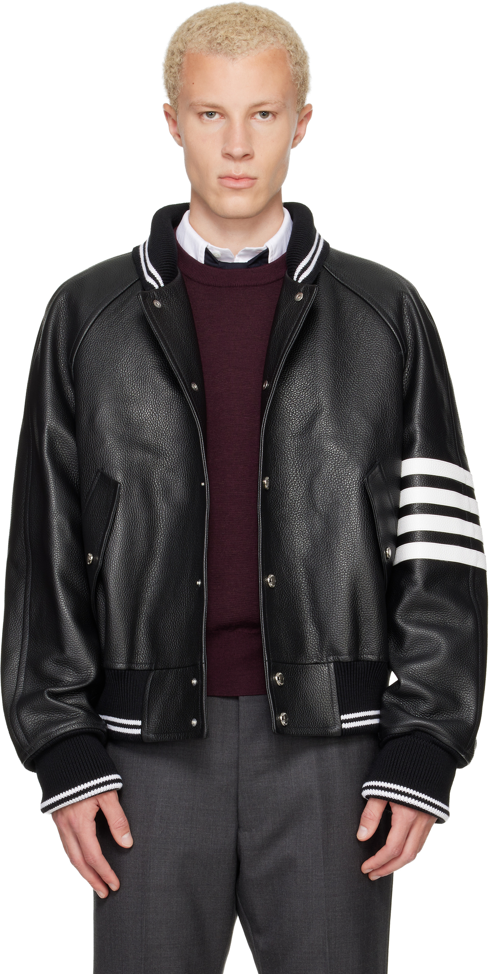 Thom Browne: Black Raglan Sleeve Oversized Leather Blouson Jacket