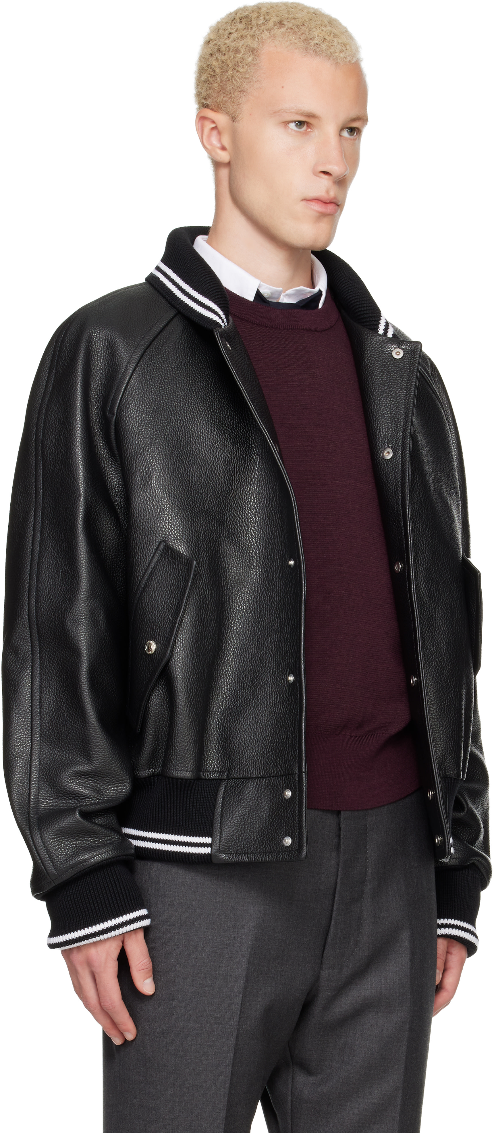 Black Raglan Sleeve Oversized Leather Blouson Jacket