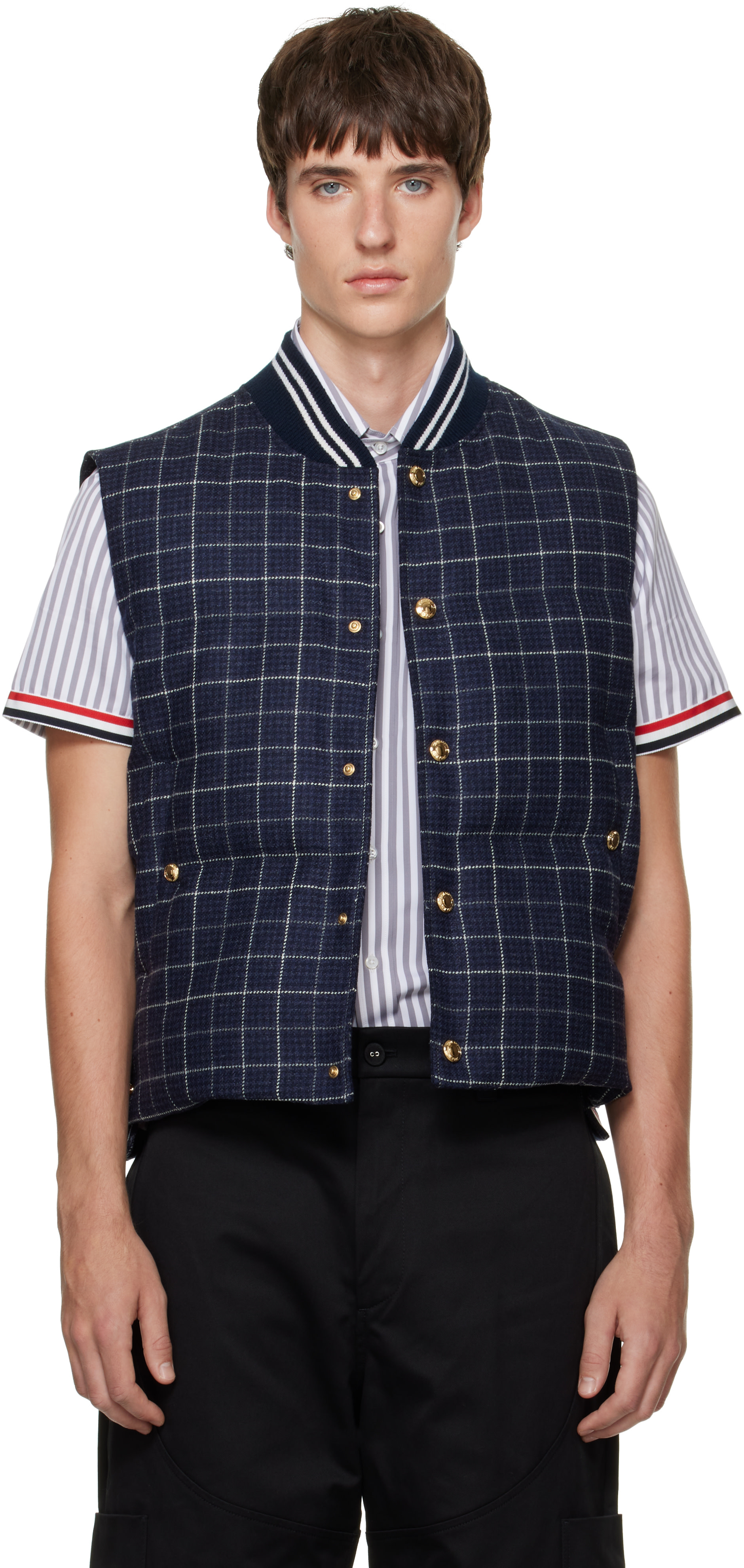 Thom Browne - Navy Down Snap-Front Windowpane Tweed Vest