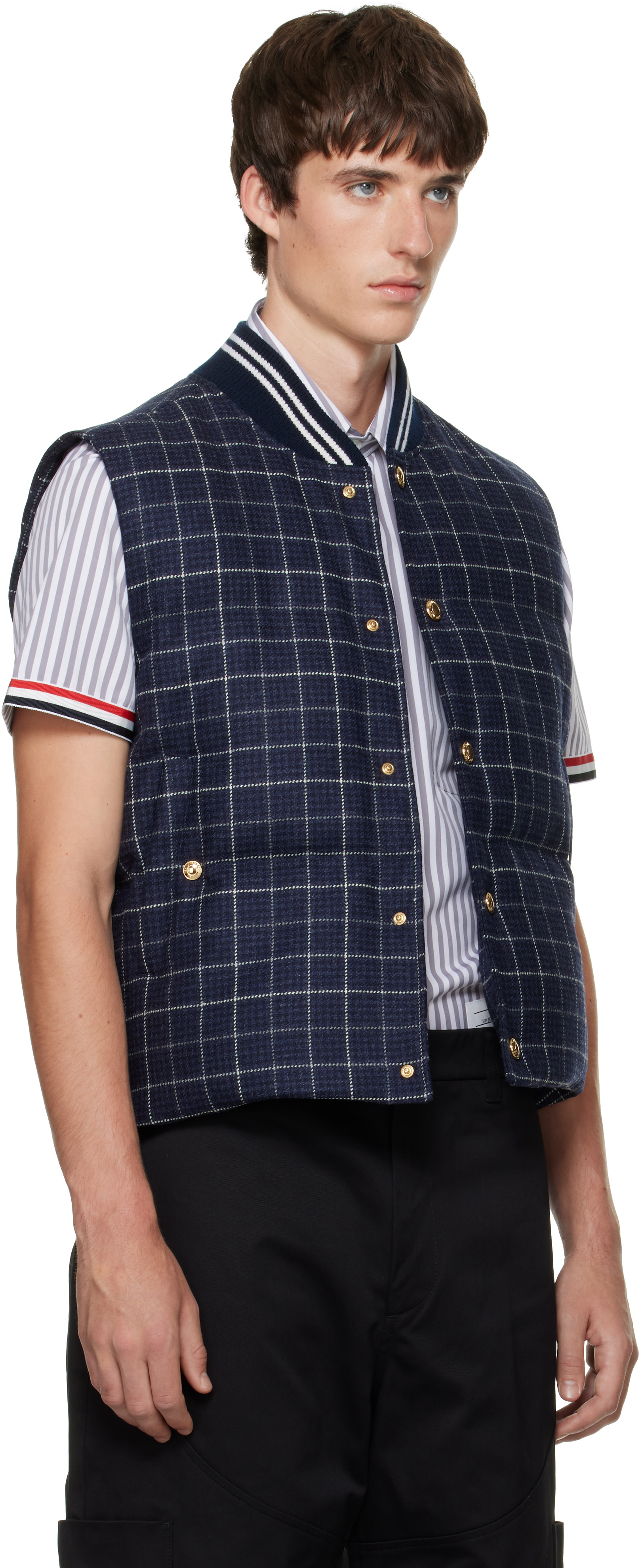 Thom Browne - Navy Down Snap-Front Windowpane Tweed Vest