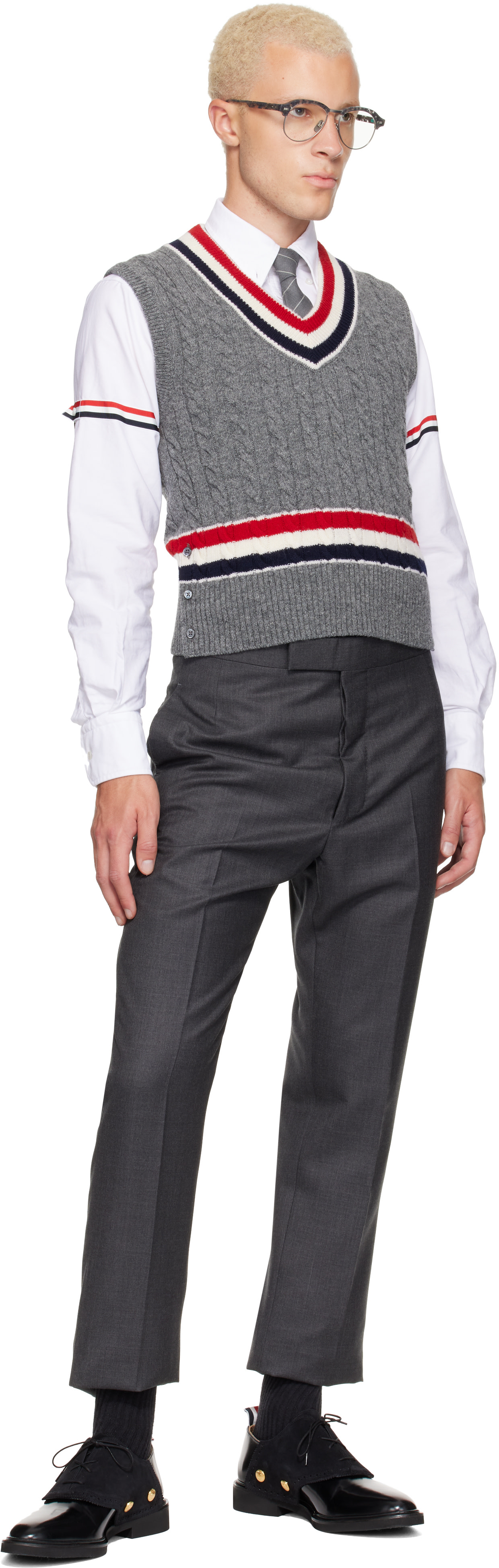 Thom Browne: Gray Baby Cable V-Neck Cricket RWB Vest | SSENSE