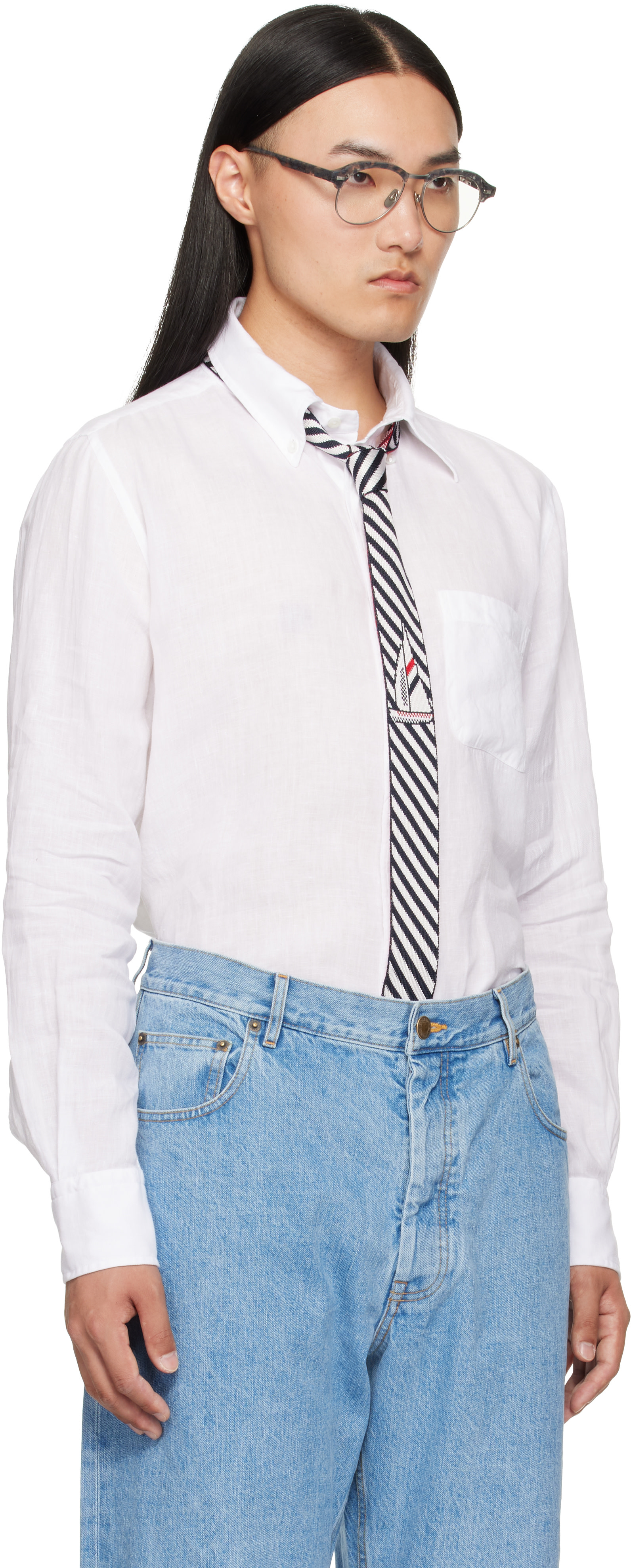 Thom Browne - 화이트 리넨 스트라이프 셔츠