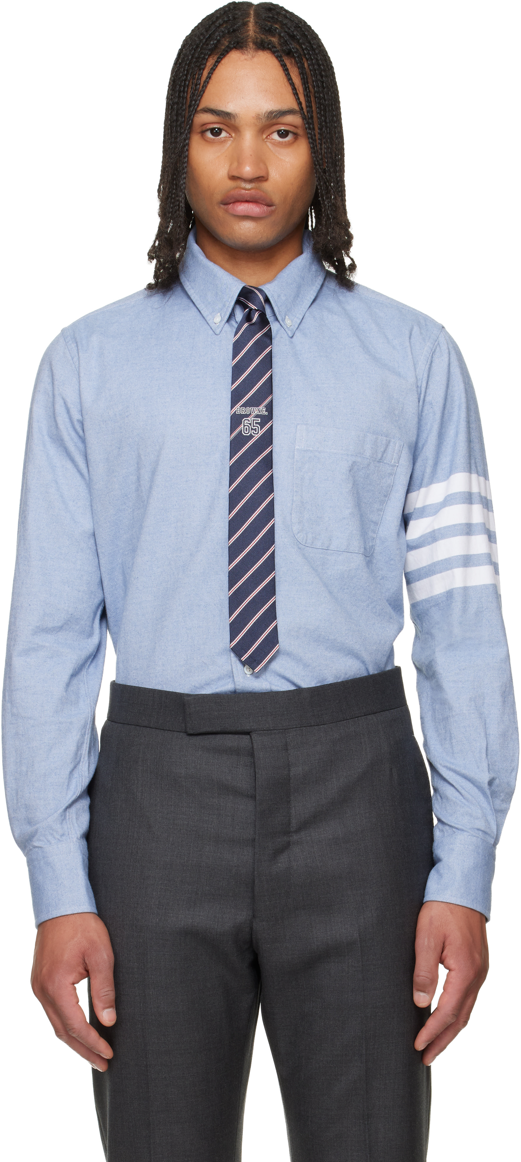 Thom Browne: Blue Flannel 4-Bar Shirt | SSENSE