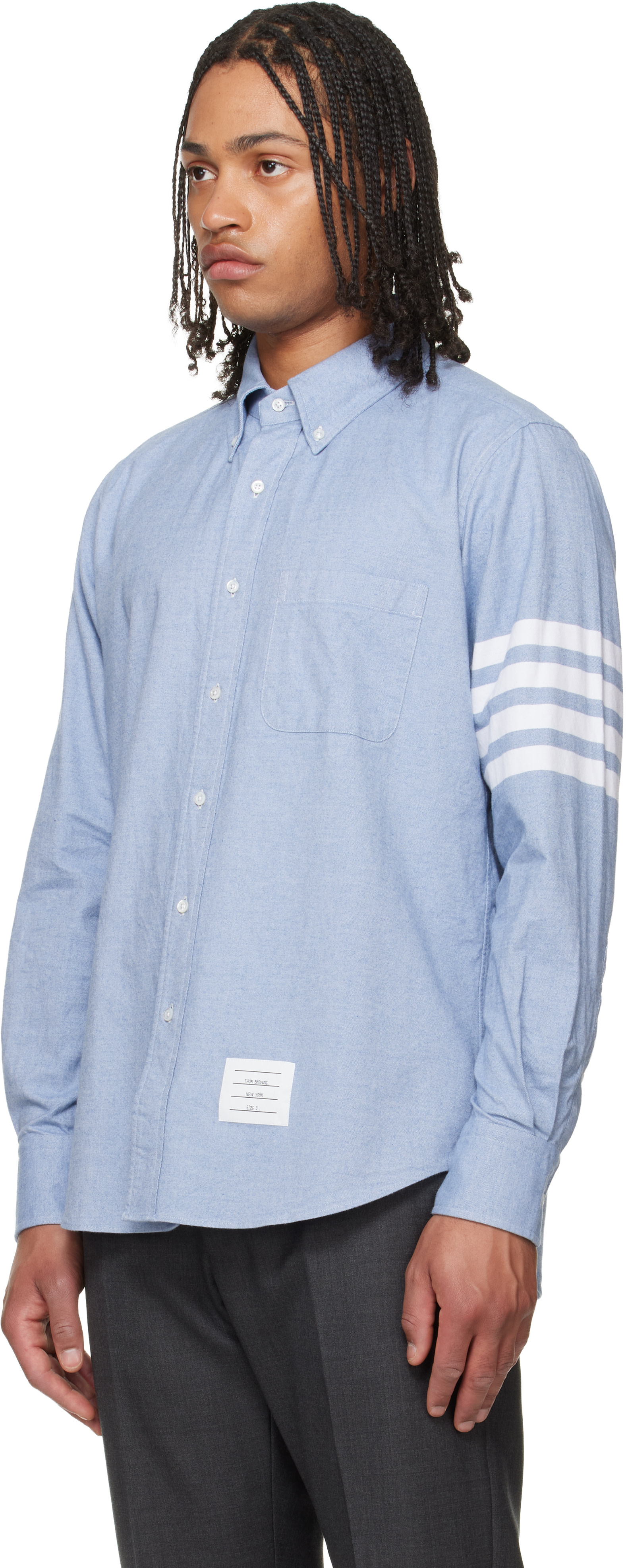 Thom Browne: Blue Flannel 4-Bar Shirt | SSENSE
