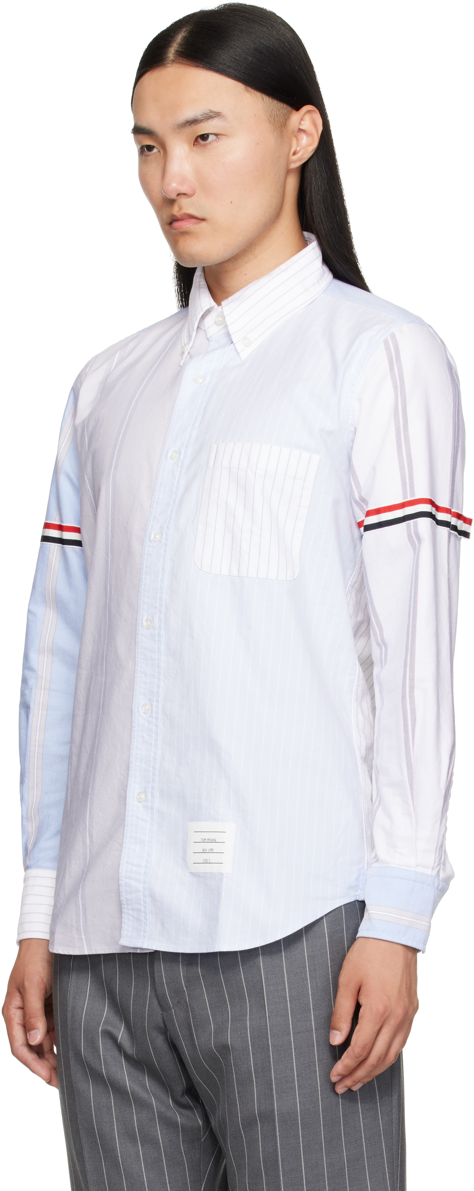 Thom Browne: ブルー Funmix Pinstripe Oxford シャツ | SSENSE 日本
