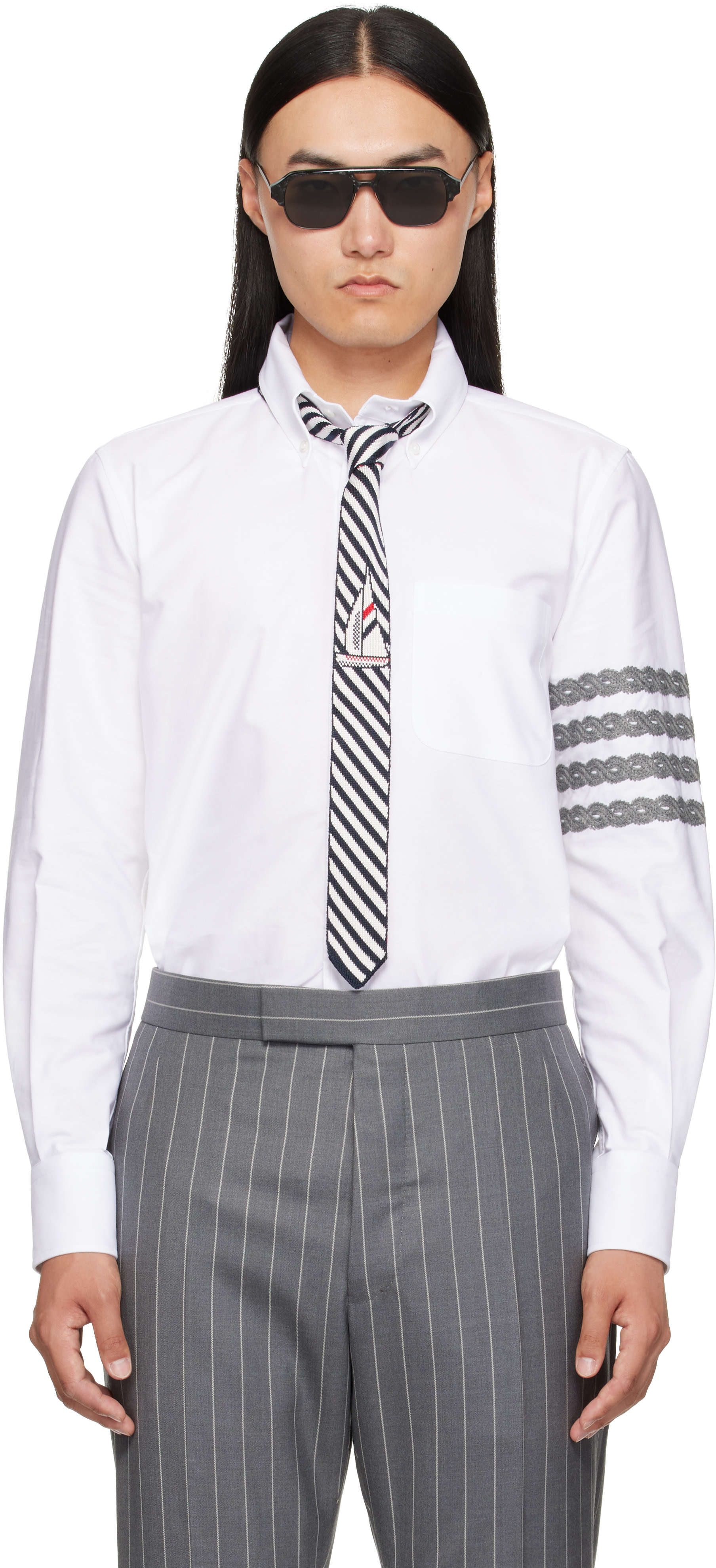 Thom Browne: White 4-Bar Unraveling Cable Stitch Shirt | SSENSE Canada
