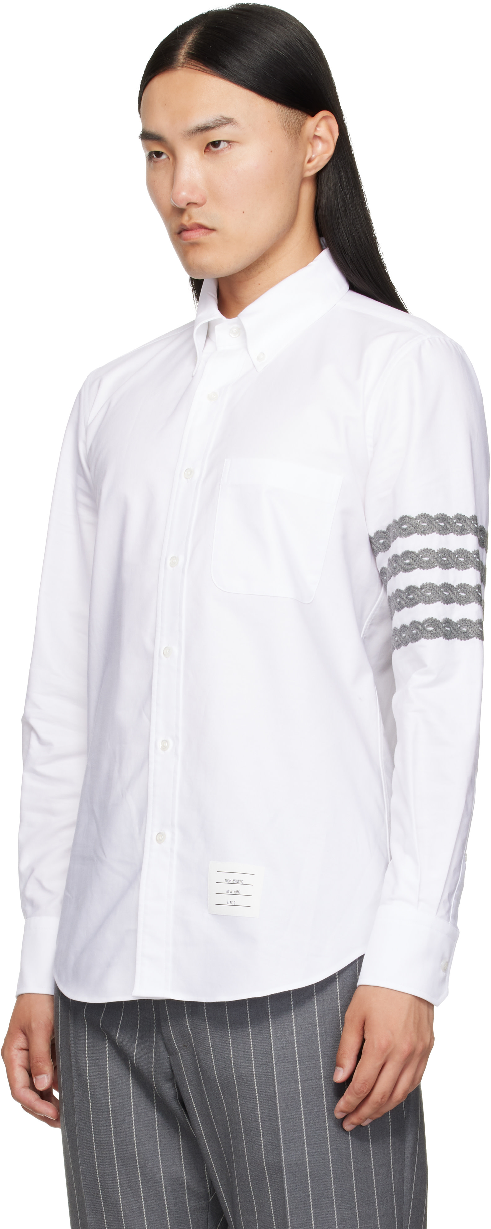 THOM BROWNE 4BAR シャツ Thom Browne: White 4-Bar Unraveling Cable Stitch Shirt | SSENSE Canada