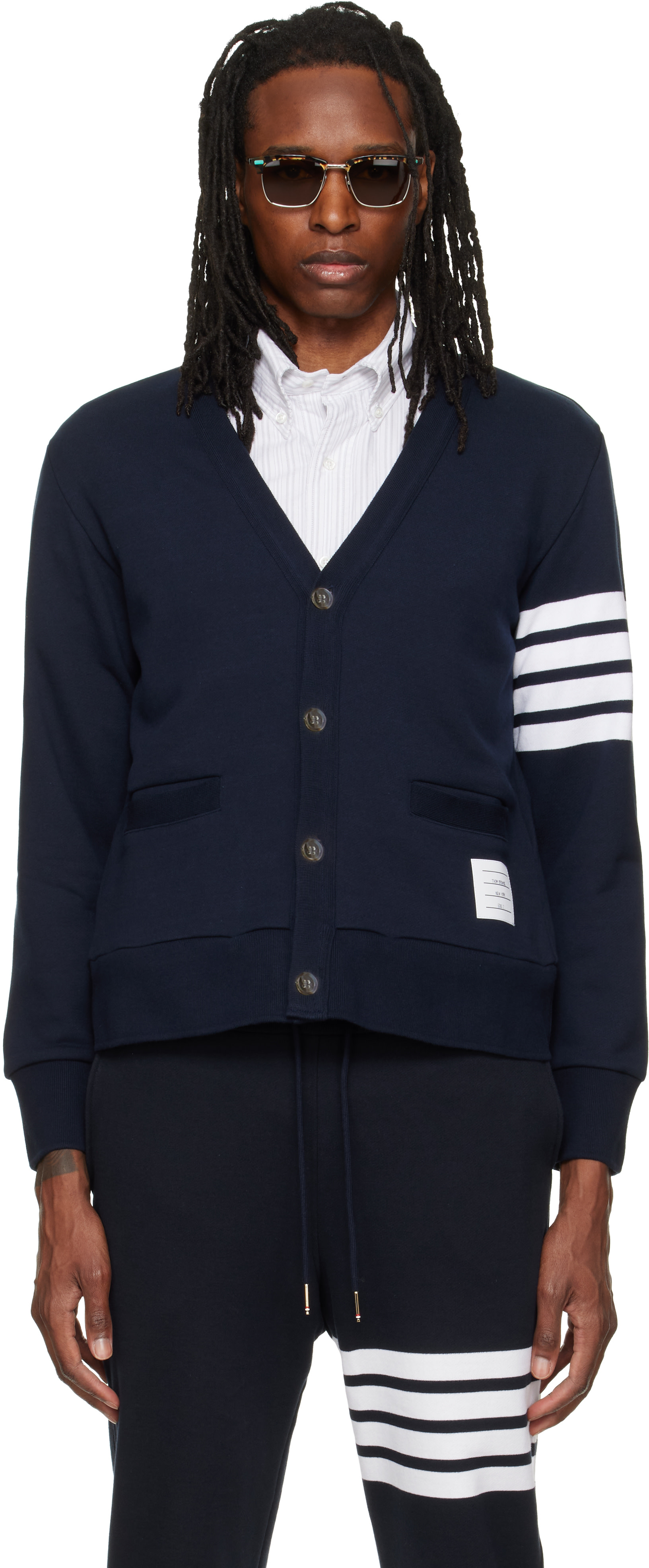 Thom Browne: ネイビー Loopback 4-Bar Boat Embroidery カーディガン