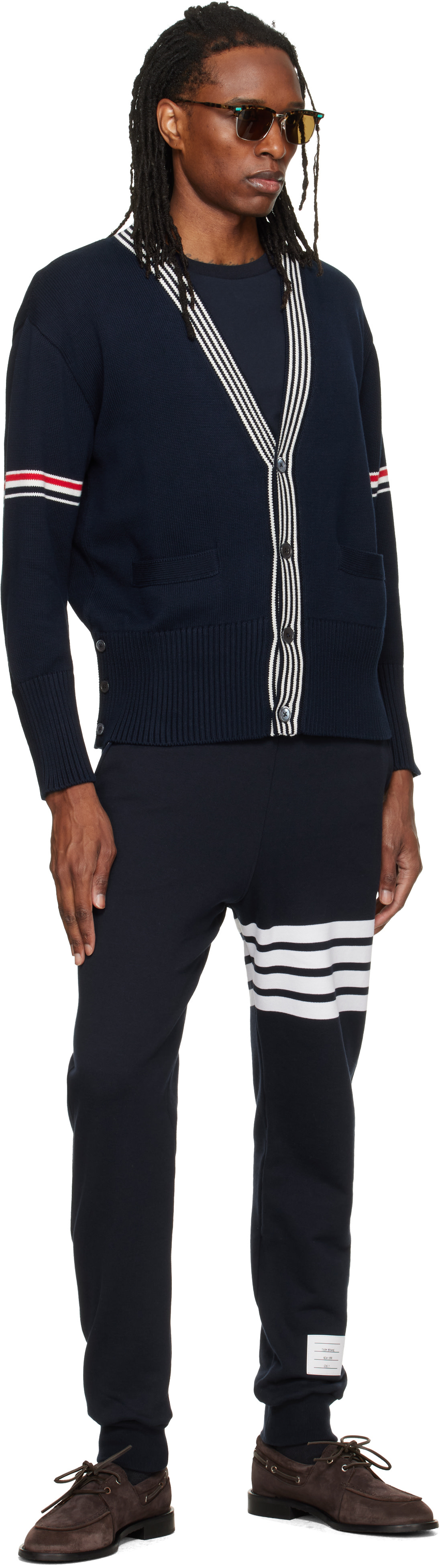 【未使用に近い】THOM BROWNE ブルー ニットタイ　ナロータイ Thom Browne: Navy RWB Armband Lobster Jersey Cardigan | SSENSE