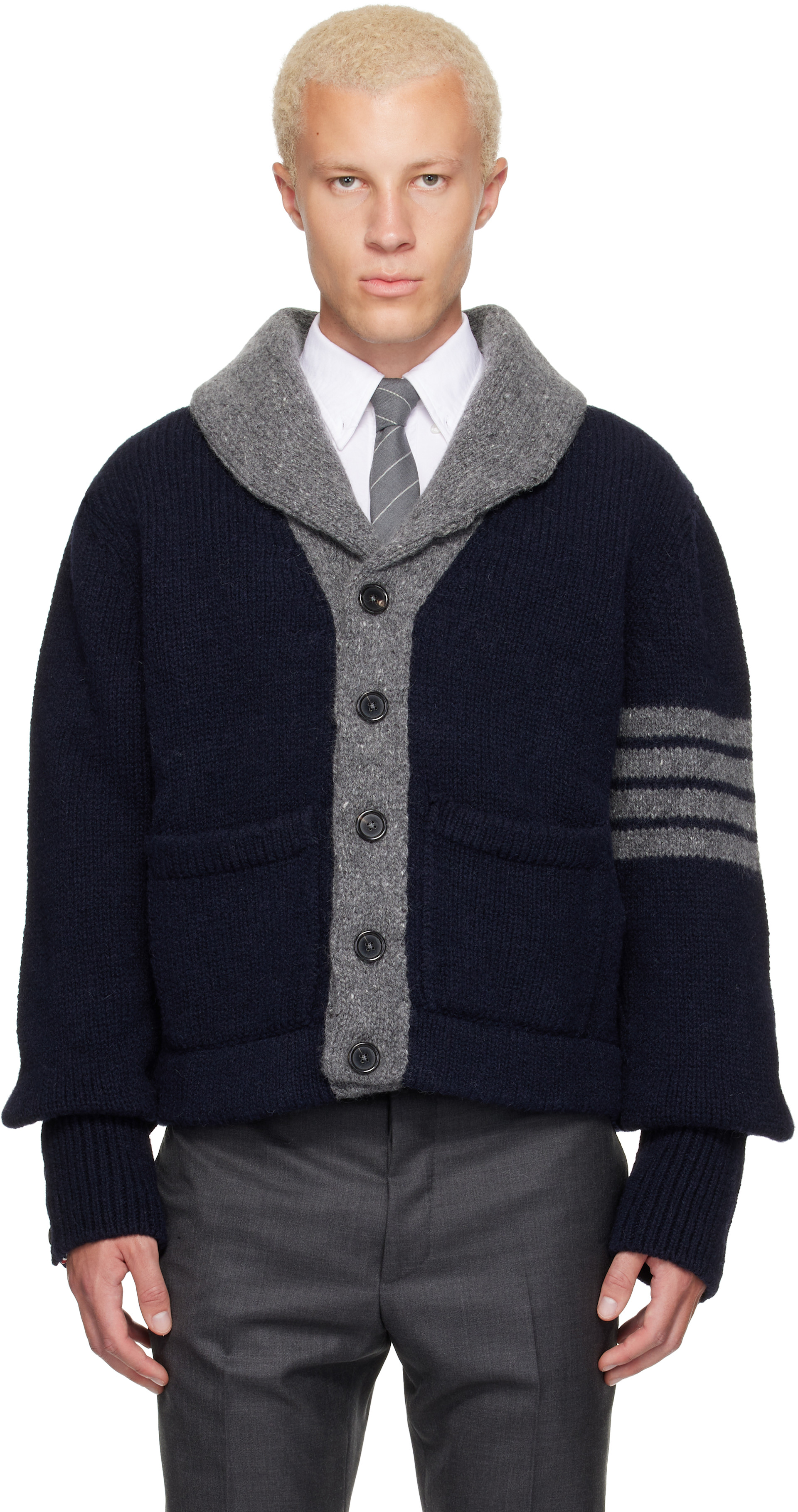 Thom Browne: ネイビー＆グレー 'Browne 65' Jersey Intarsia ショール