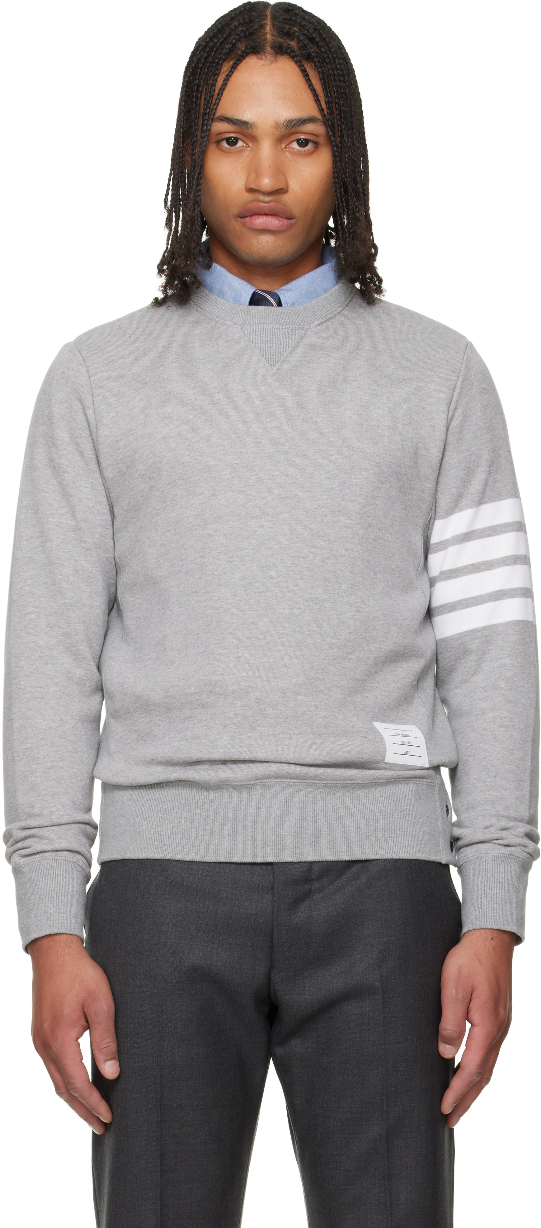 Thom Browne - Pull molletonné gris en jersey bouclette à quatre rayures