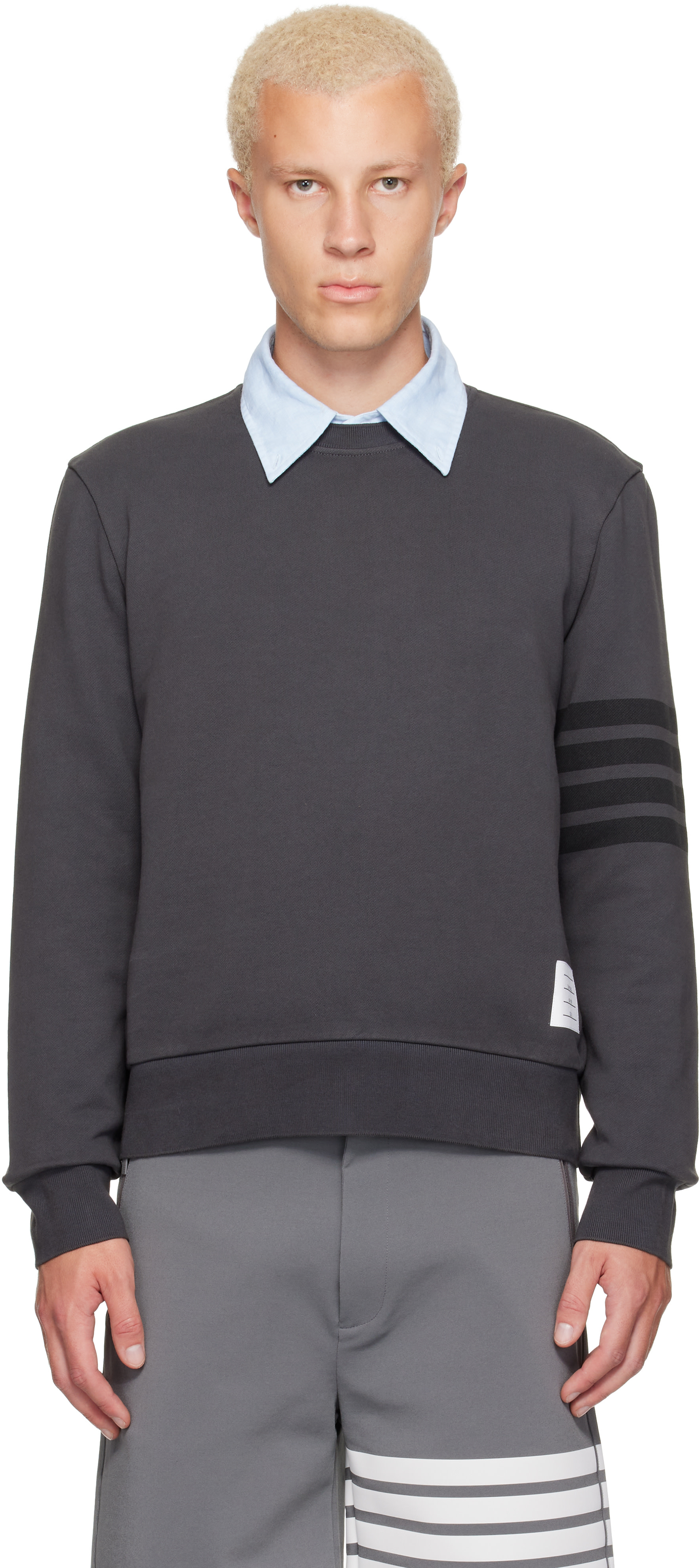 Thom Browne: Gray Long Sleeve Tonal Printed 4 Bar Crewneck | SSENSE
