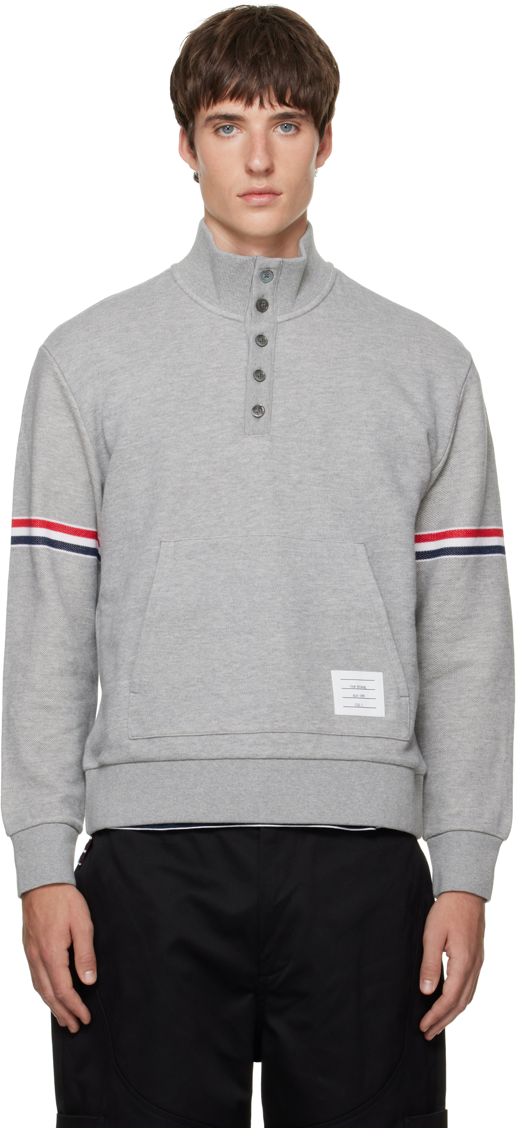 Thom Browne - Gray Funnel Neck RWB Pique Loopback Sweatshirt