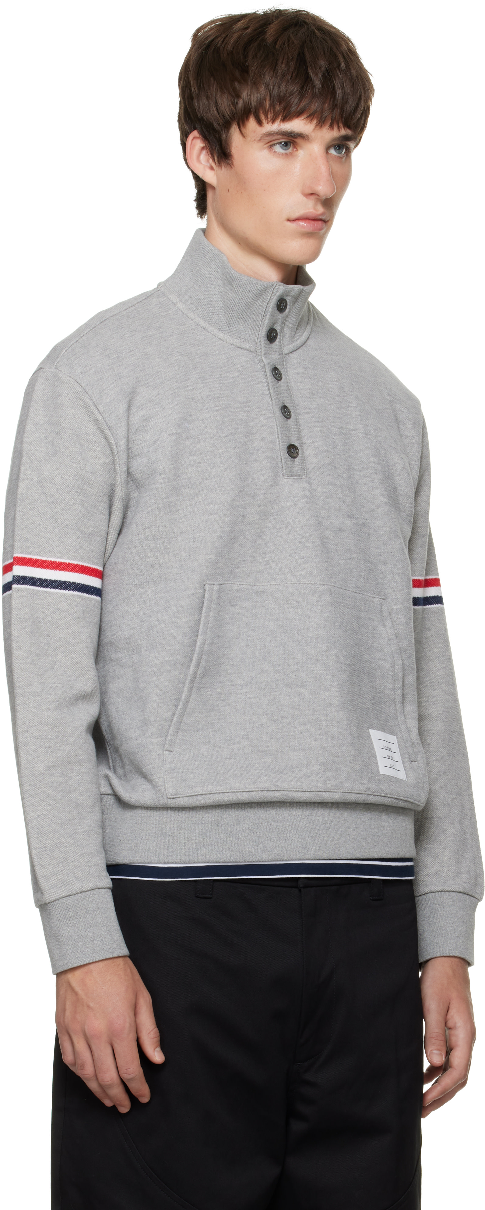 Thom Browne - Gray Funnel Neck RWB Pique Loopback Sweatshirt