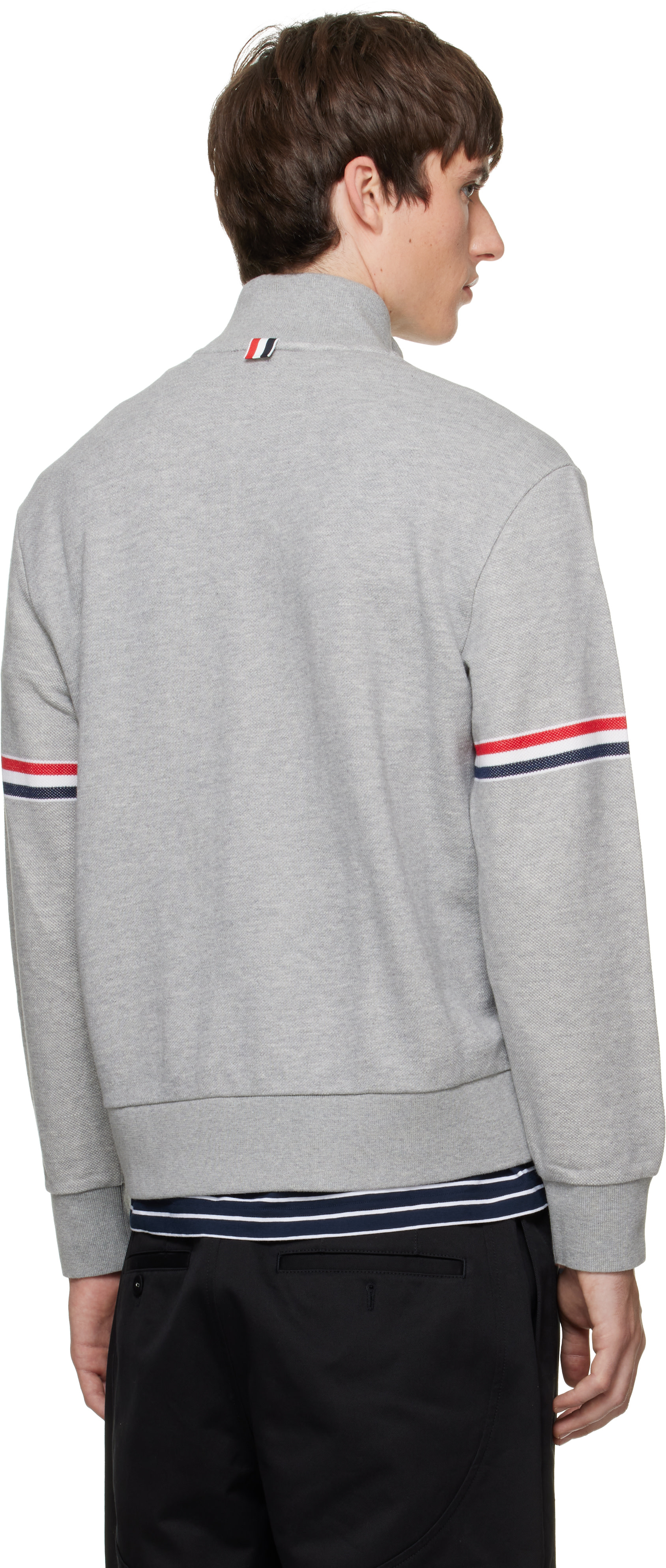Thom Browne - Gray Funnel Neck RWB Pique Loopback Sweatshirt