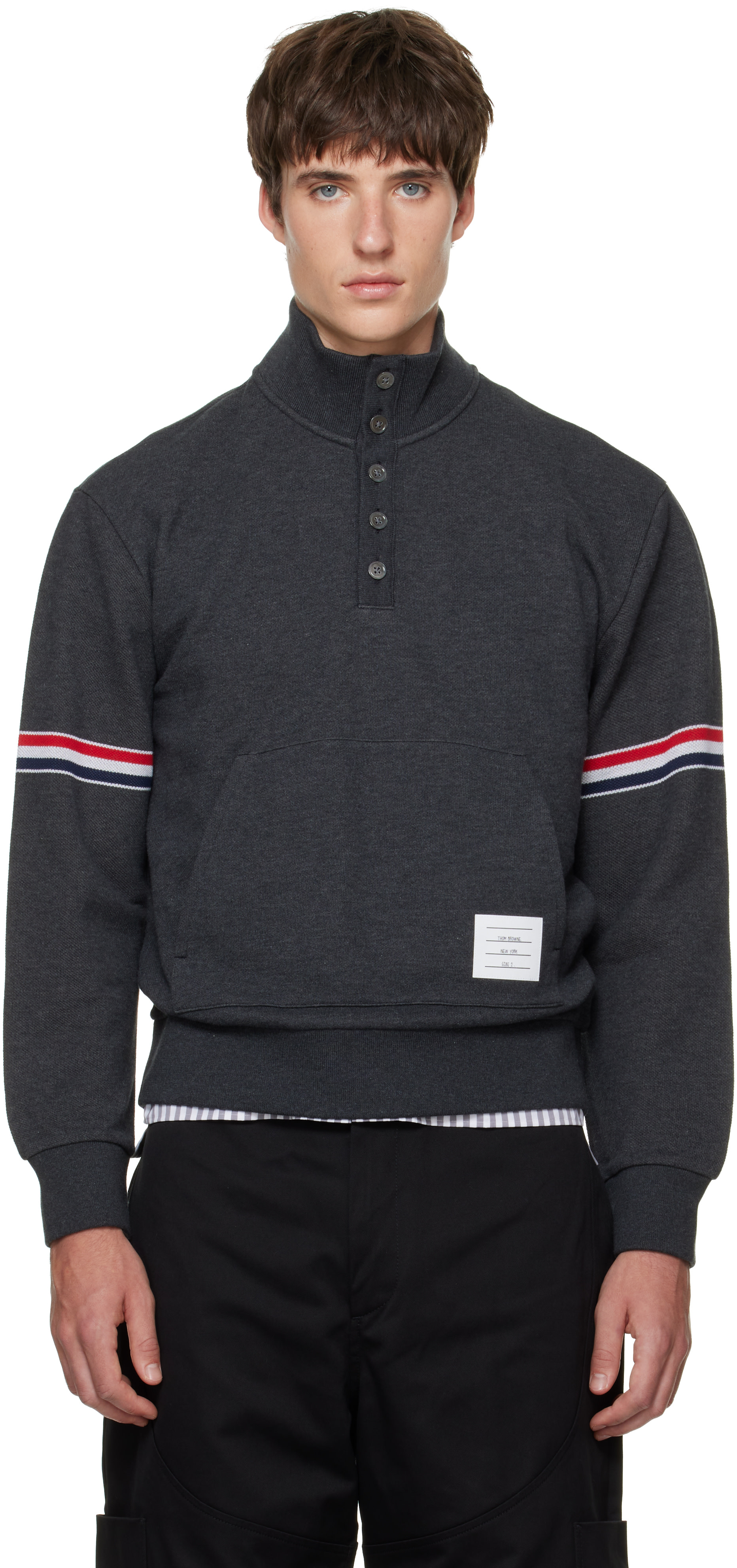 Thom Browne - Gray Funnel Neck RWB Pique Loopback Sweatshirt
