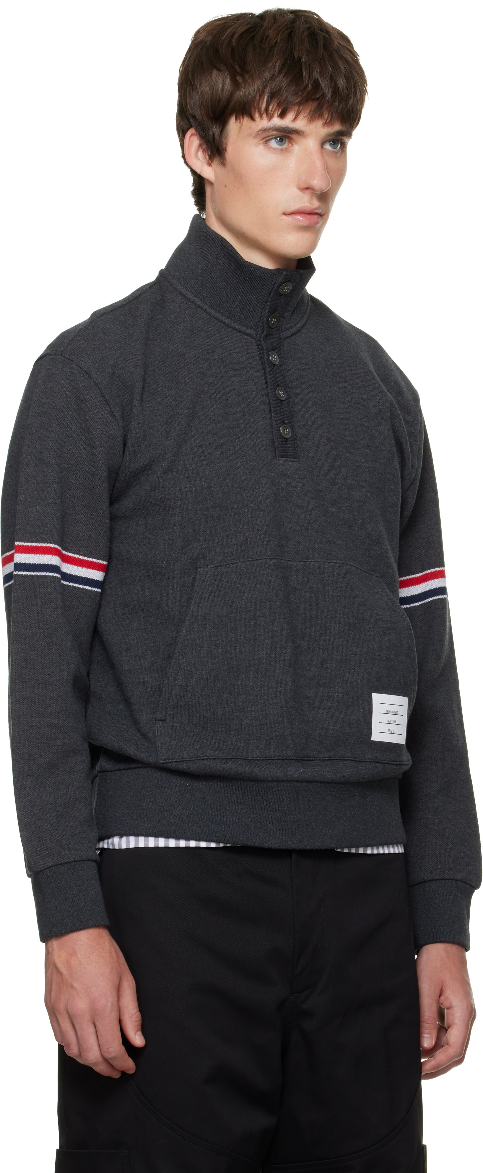 Thom Browne - Gray Funnel Neck RWB Pique Loopback Sweatshirt