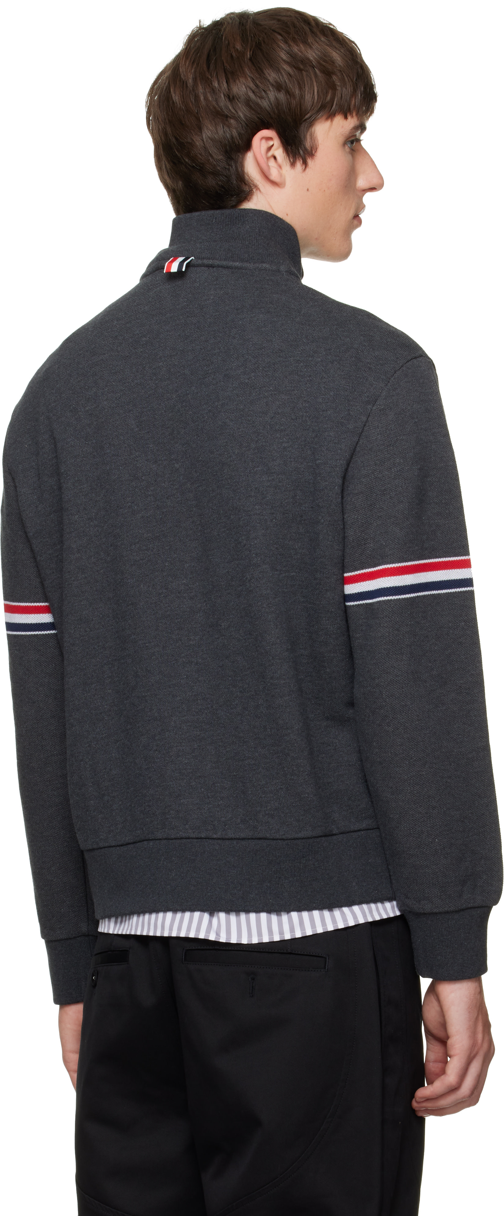 Thom Browne - Gray Funnel Neck RWB Pique Loopback Sweatshirt
