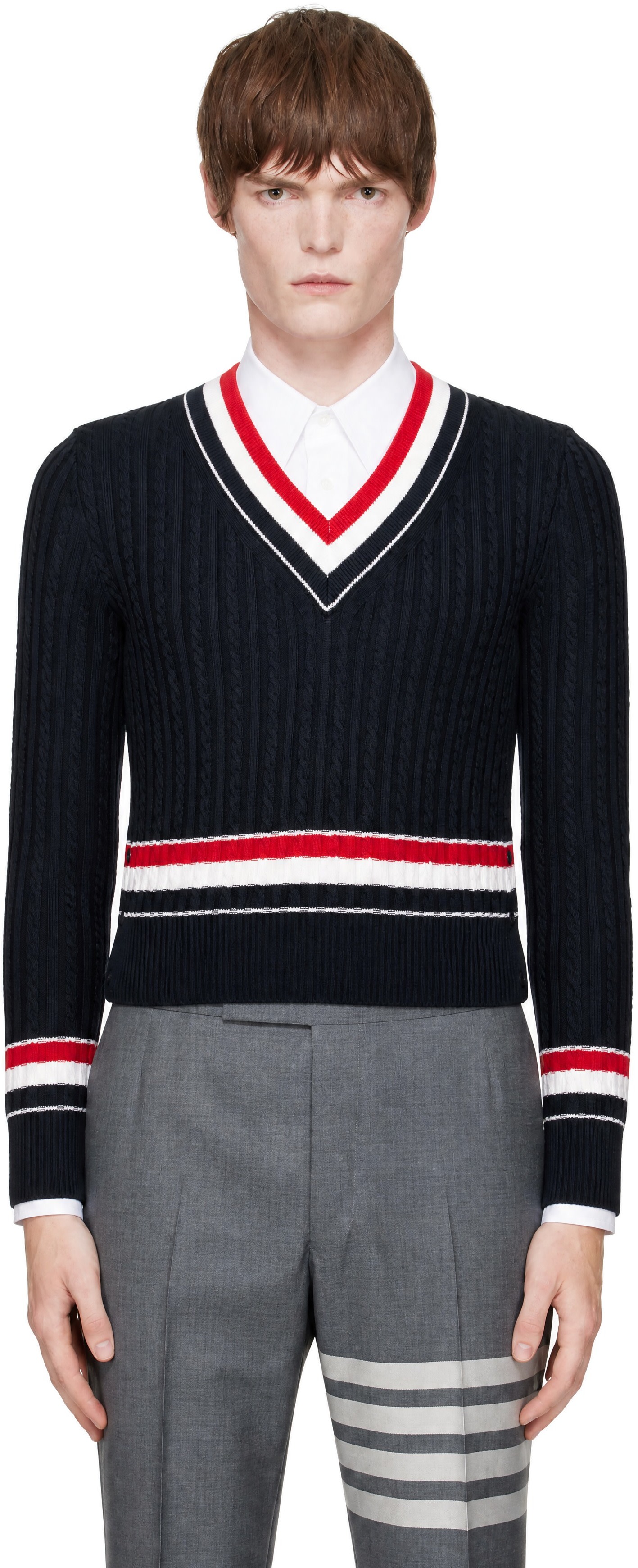 Thom Browne - Navy RWB Stripe Cricket Sweater