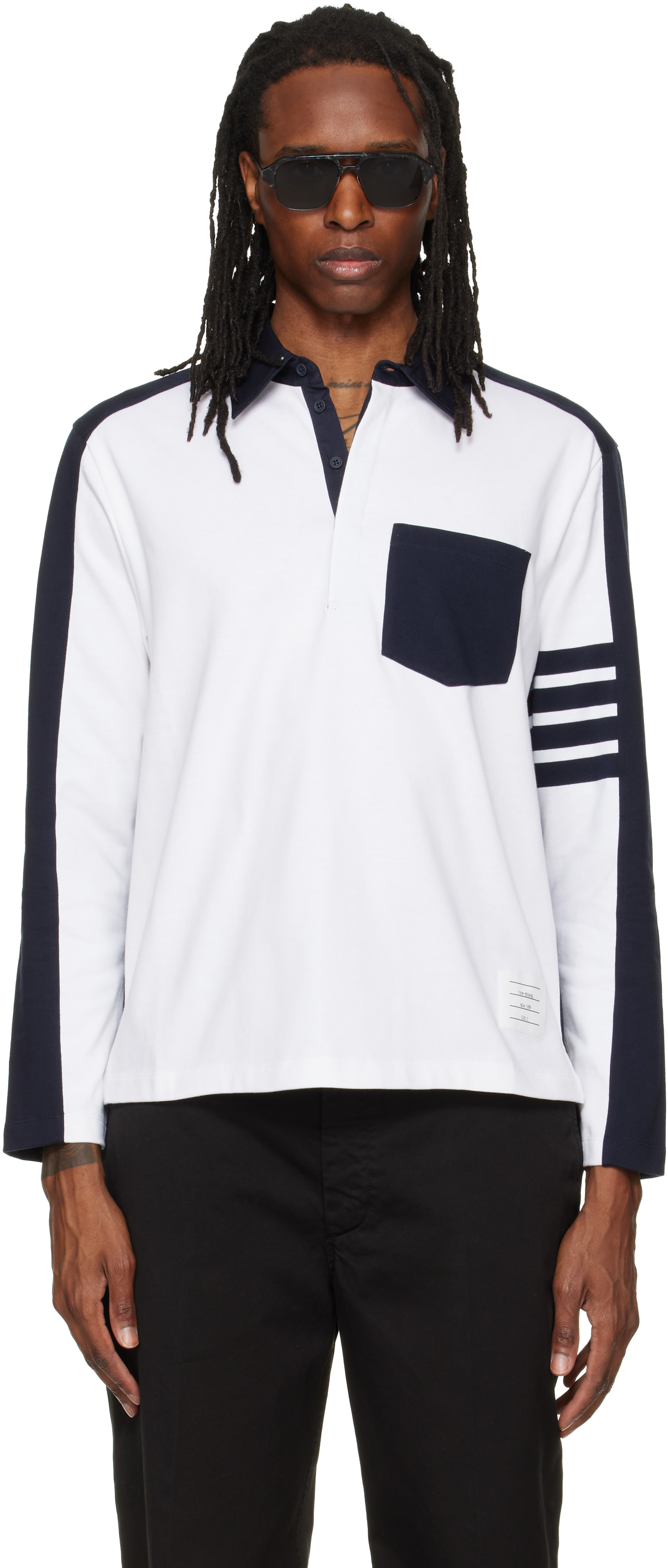 Thom Browne: White & Navy Oversized Colorblock Rugby Polo | SSENSE