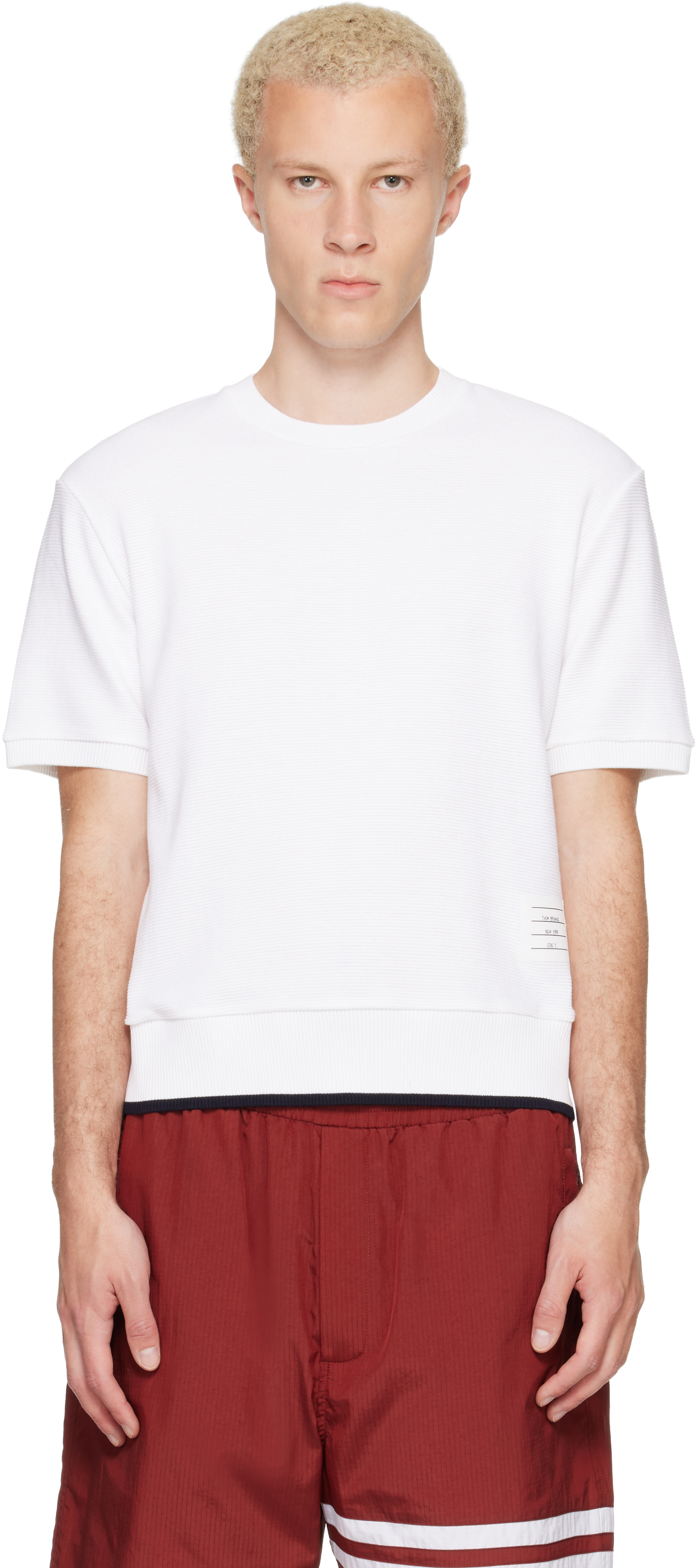 トムブラウン！THOM BROWNE ワッフル 半袖 Tシャツ　44 Thom Browne: ホワイト Rib Cuff 半袖 コットン ワッフル Tシャツ