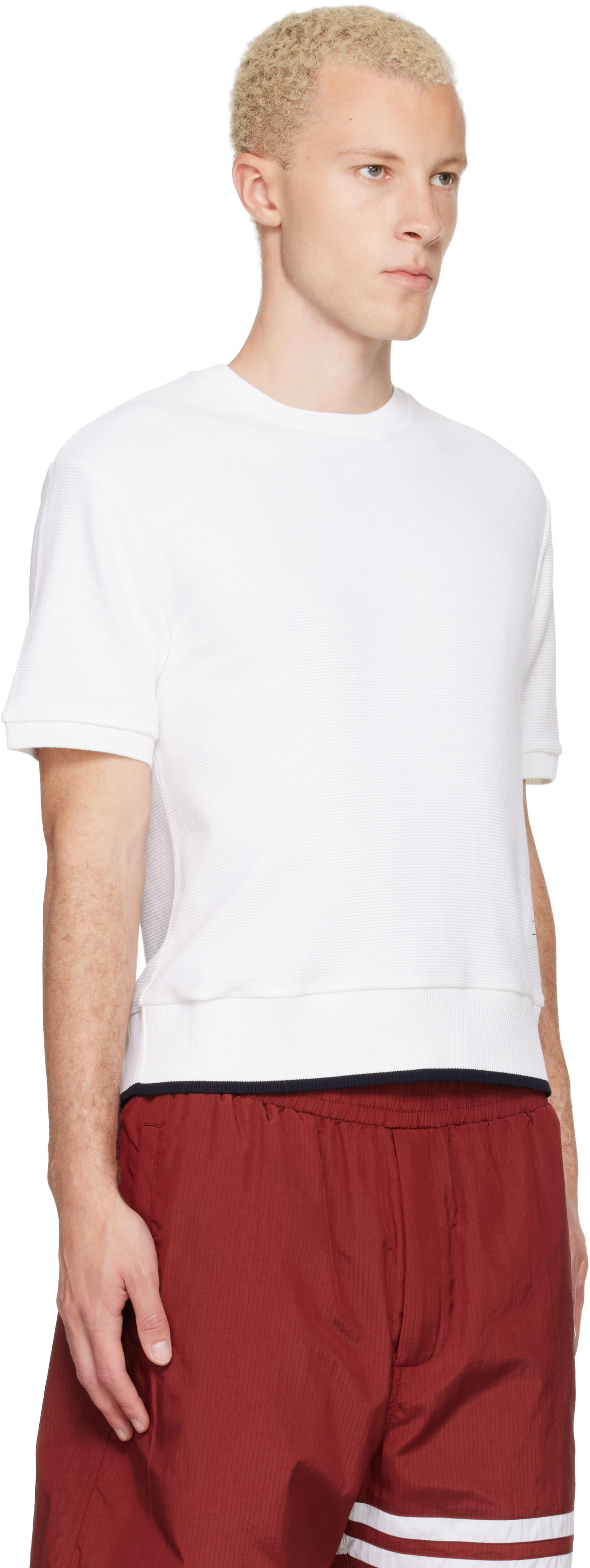 THOM BROWNE ホワイト Tシャツ Thom Browne: White Short Sleeve Rib Cuff Cotton Waffle T-shirt