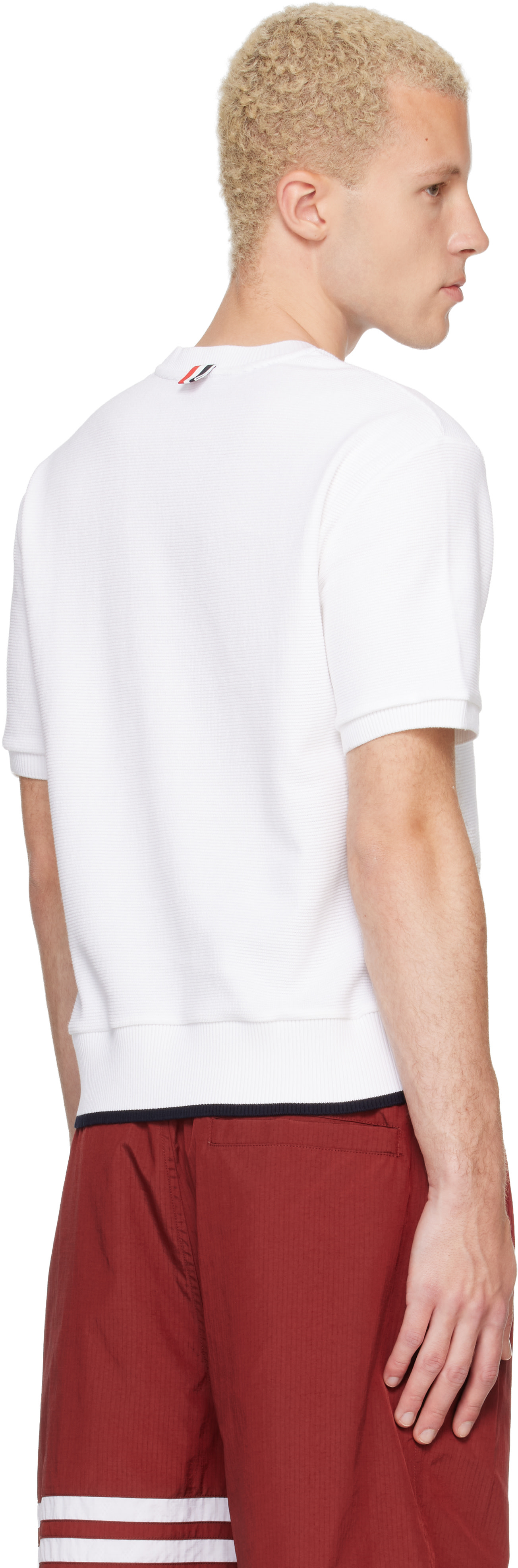 Thom Browne: White Short Sleeve Rib Cuff Cotton Waffle T-shirt