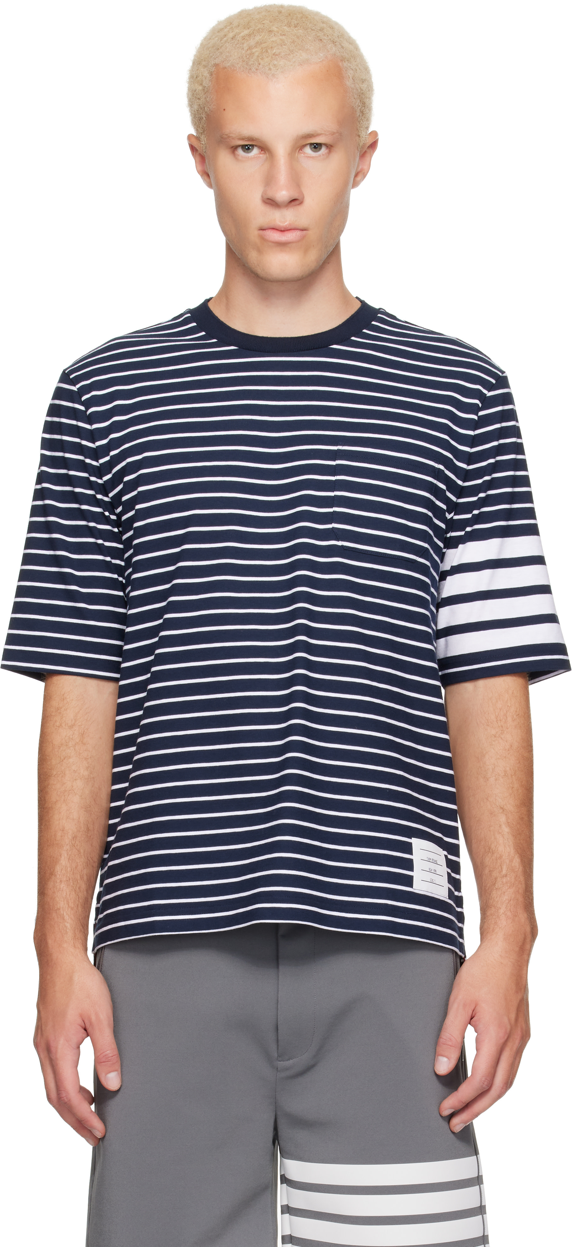 Thom Browne: Navy & White Jersey 4-Bar Knit Pocket T-shirt | SSENSE