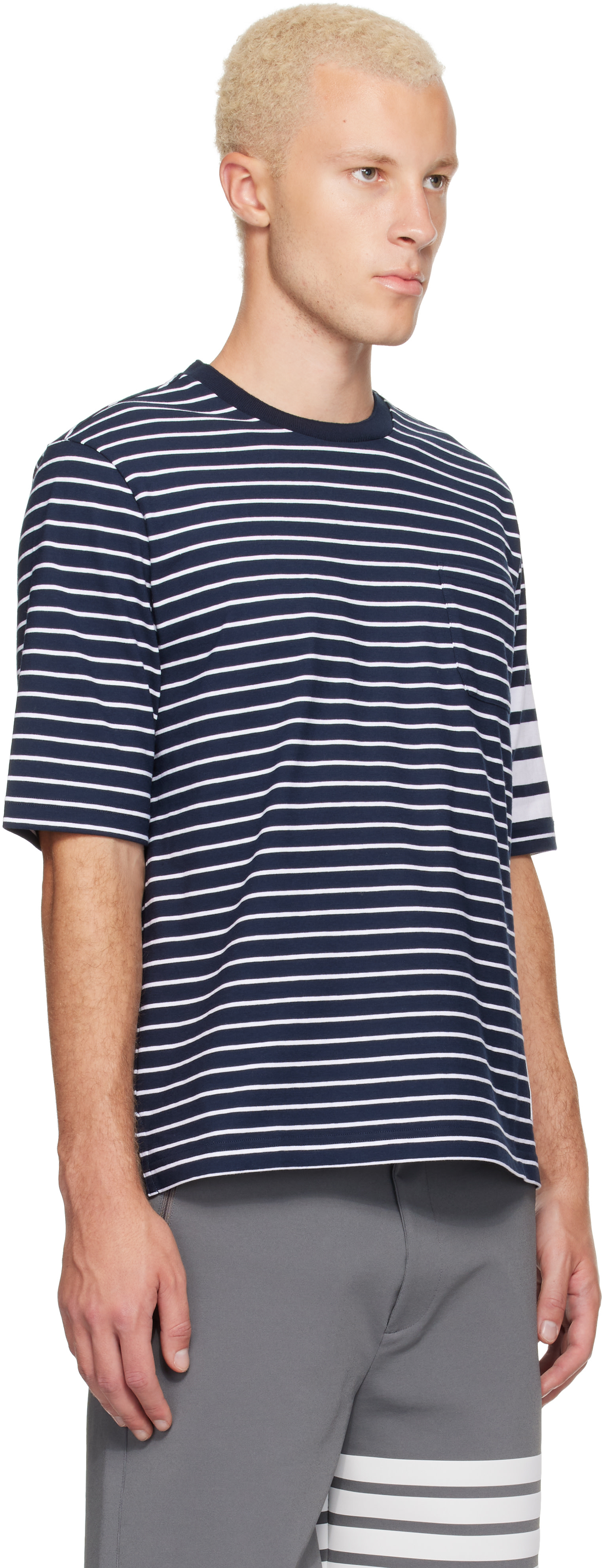 Thom Browne: Navy & White Jersey 4-Bar Knit Pocket T-shirt | SSENSE