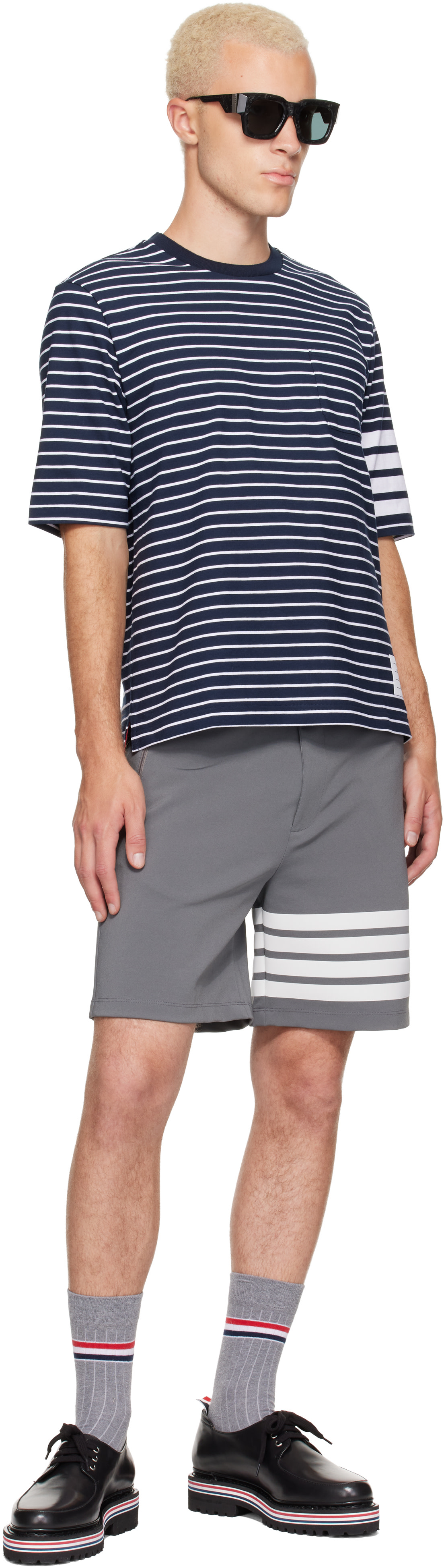 Thom Browne: Navy & White Jersey 4-Bar Knit Pocket T-shirt | SSENSE