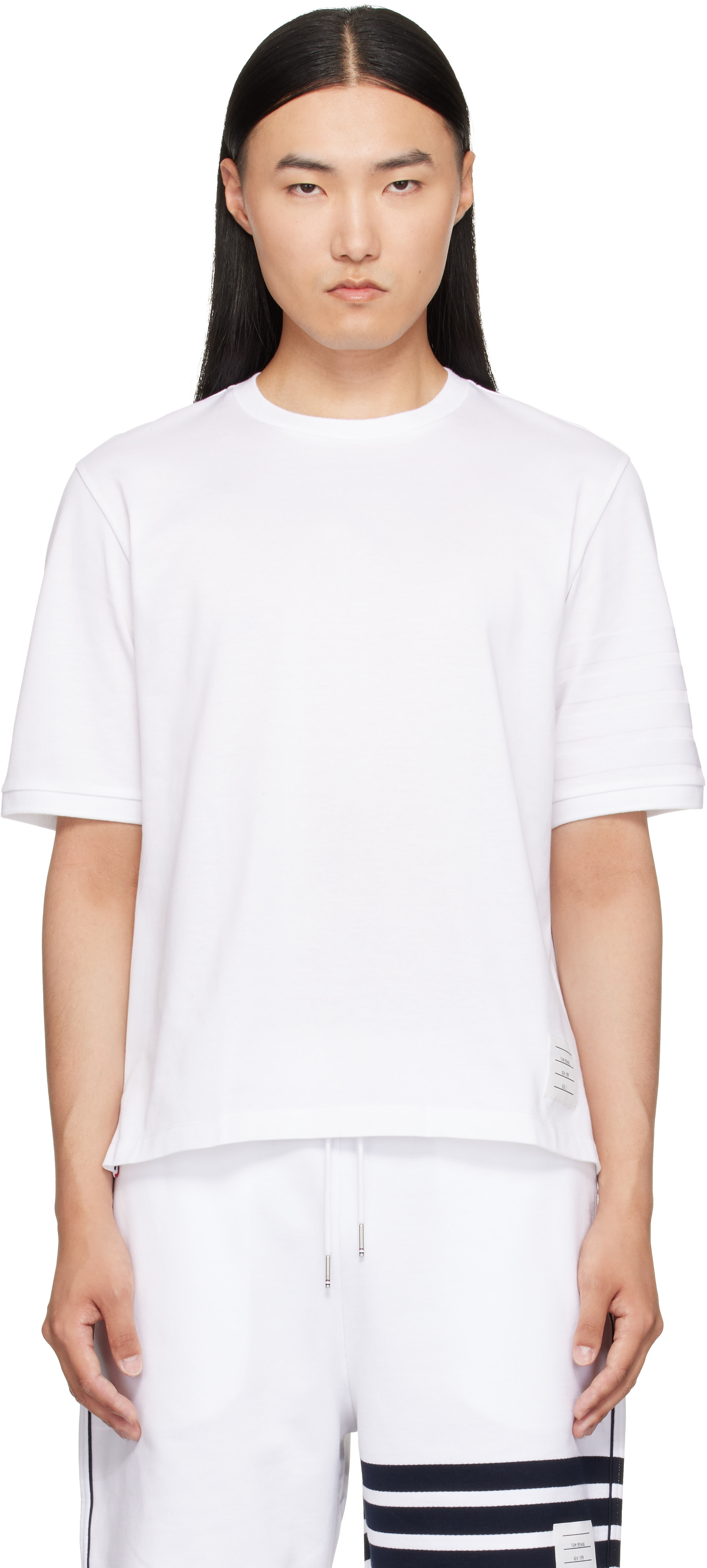 Thom Browne: White Jersey Ottoman 4-Bar T-Shirt | SSENSE
