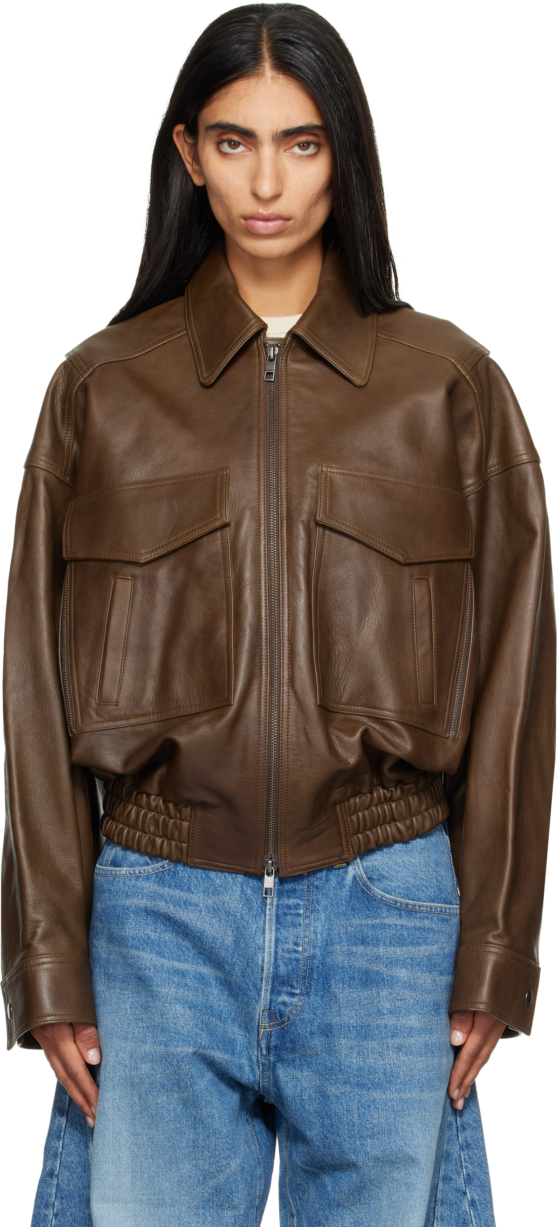 Staud - Blouson Eugene brun en cuir