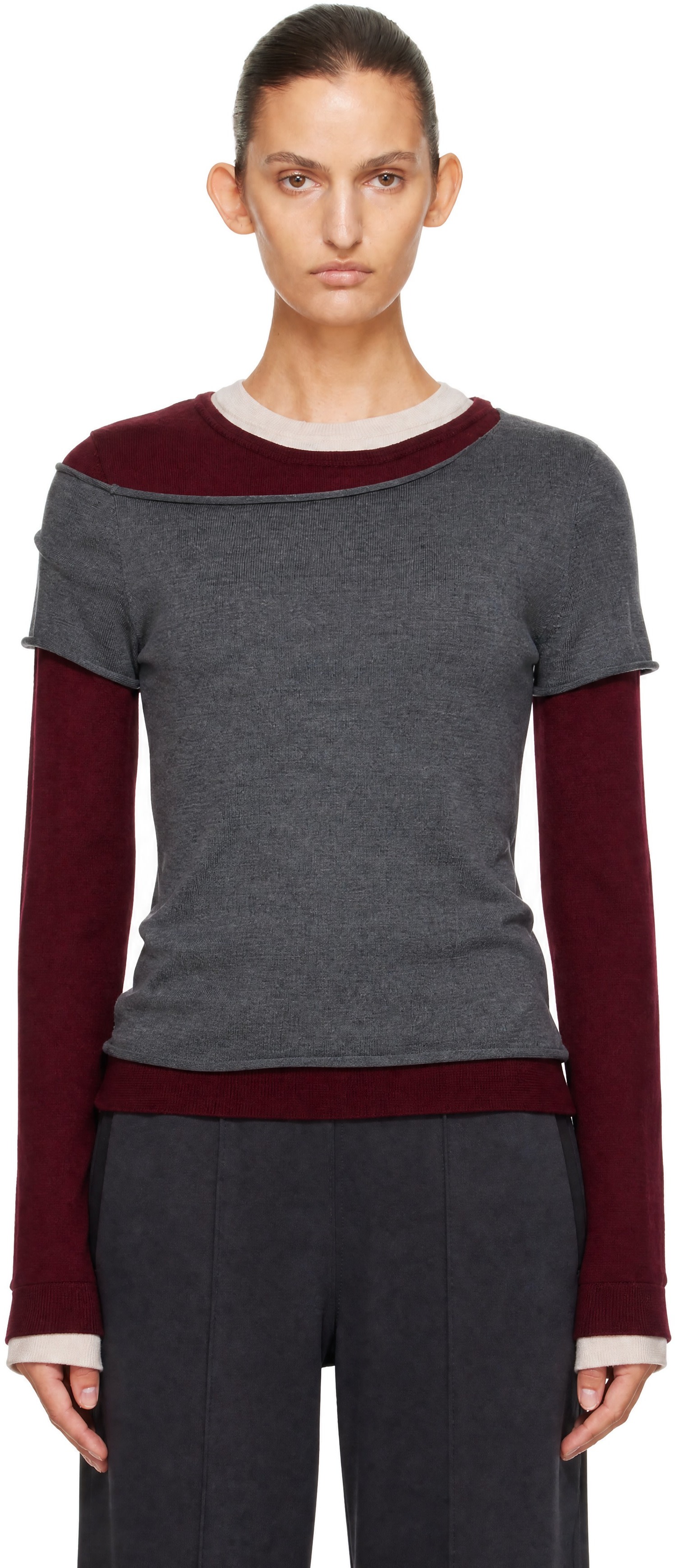 Staud - Pull Sera gris et bourgogne