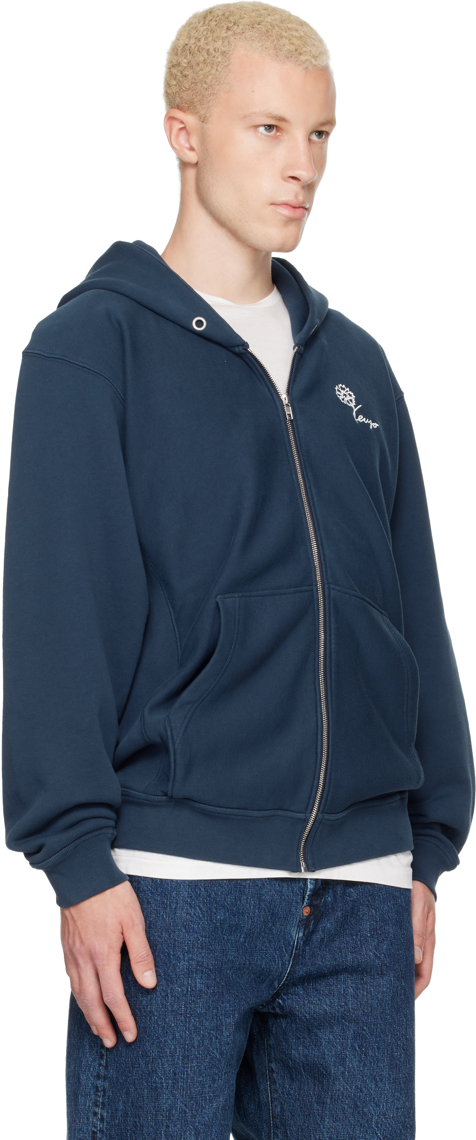 Kenzo: Navy Kenzo Paris 'KENZO Tulip' Embroidered Zip Up Hoodie