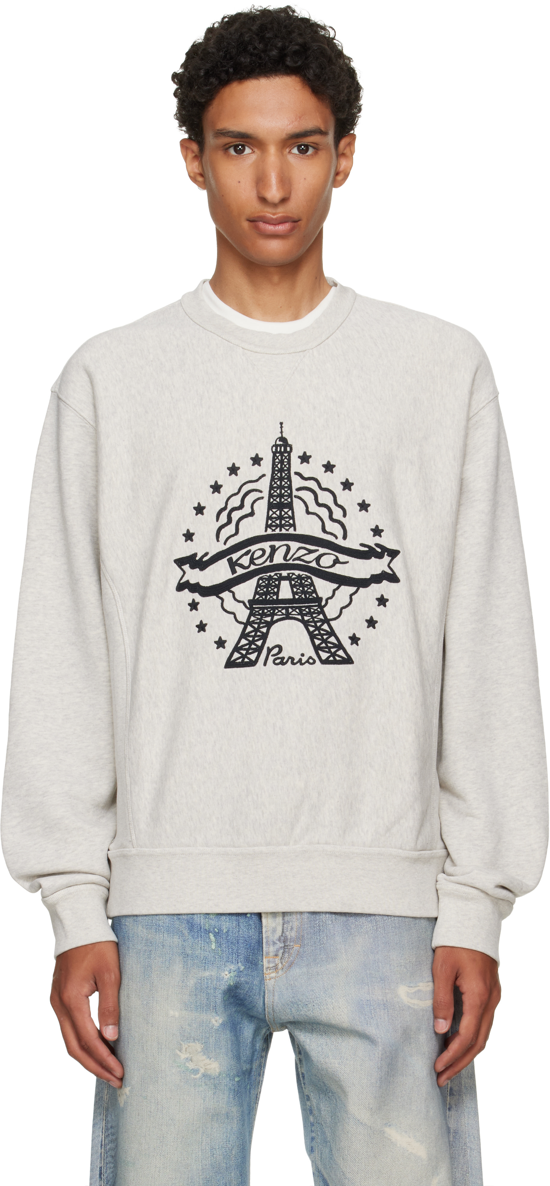 Kenzo - Pull molletonné gris en coton à image de tour Eiffel
