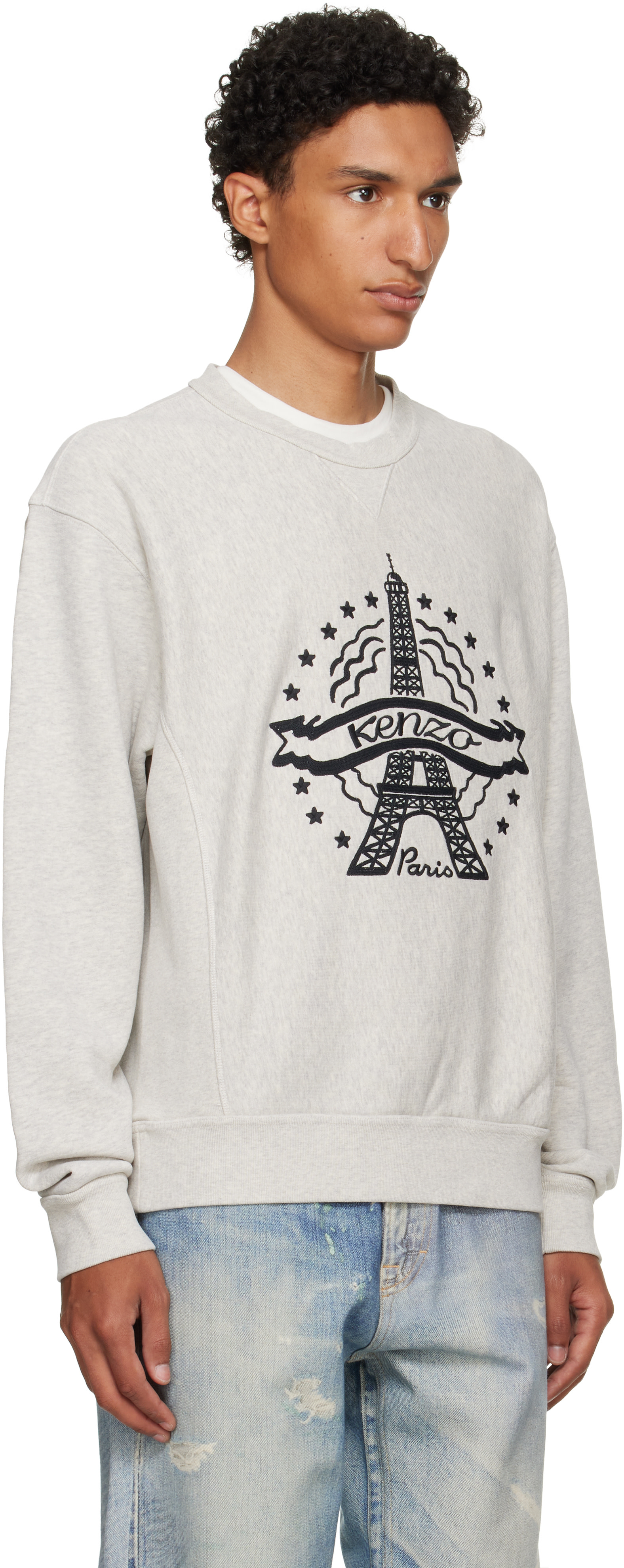 Kenzo - Pull molletonné gris en coton à image de tour Eiffel