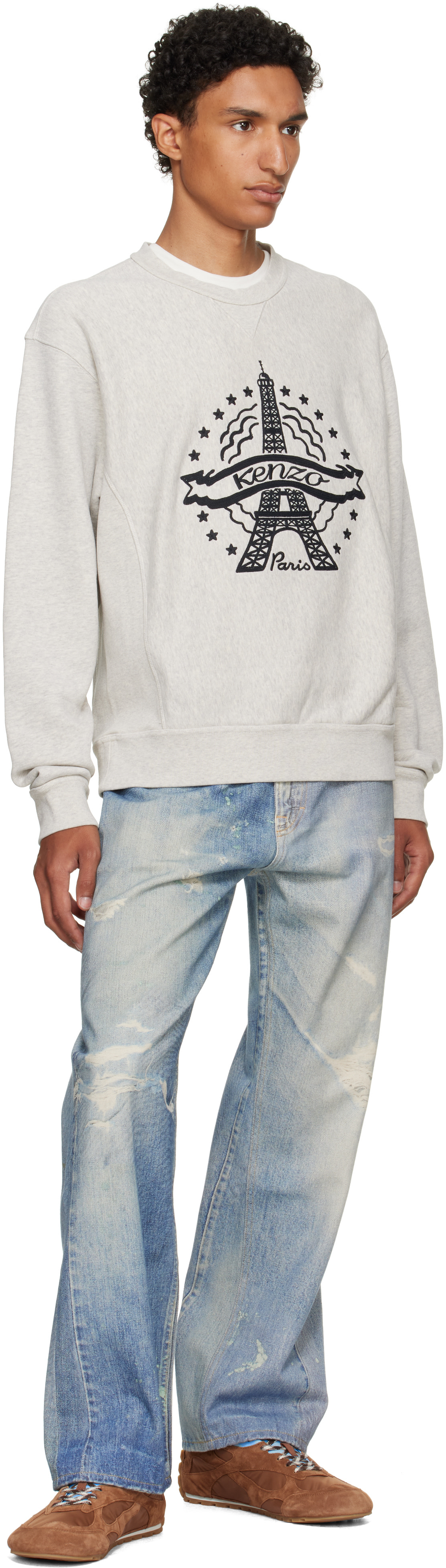 Kenzo - Pull molletonné gris en coton à image de tour Eiffel