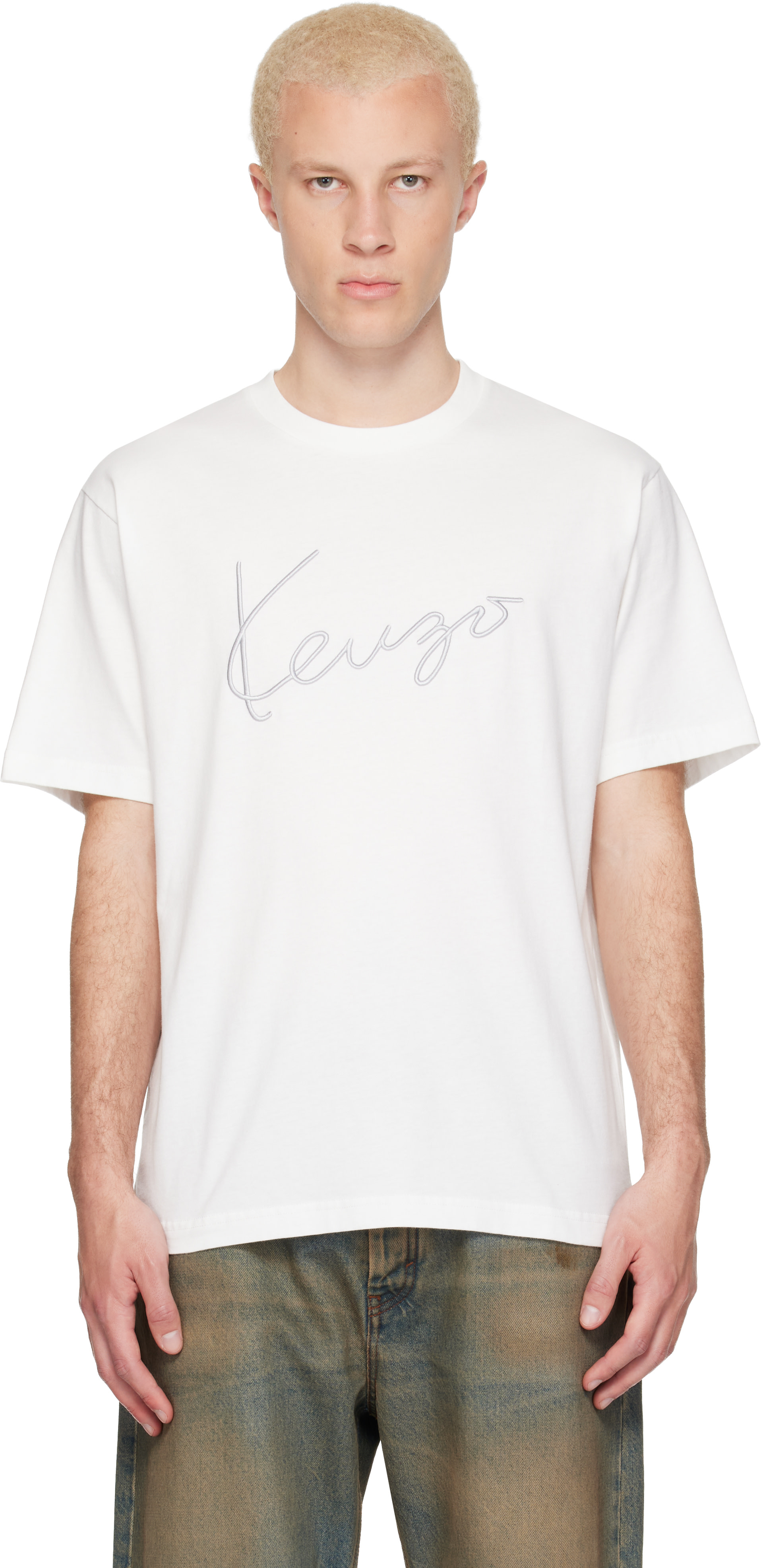 Kenzo: White Kenzo Paris 'KENZO Signature' Embroidered T-shirt