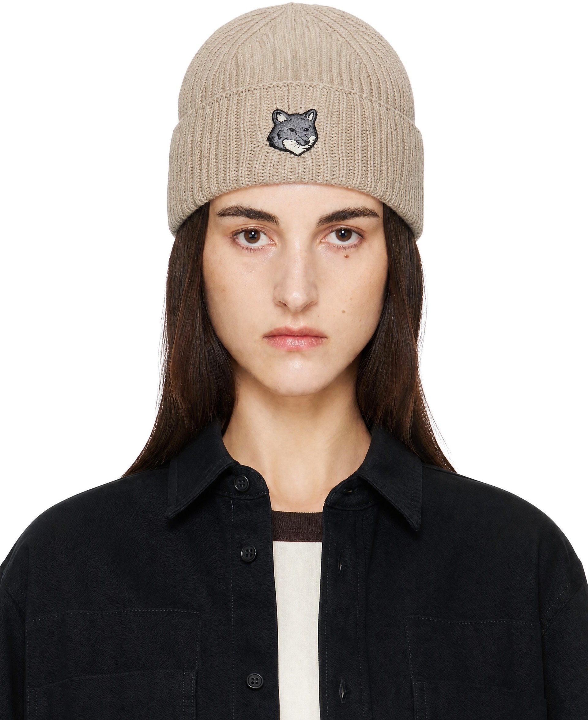 Maison Kitsuné: Beige Fox Head Large Beanie | SSENSE