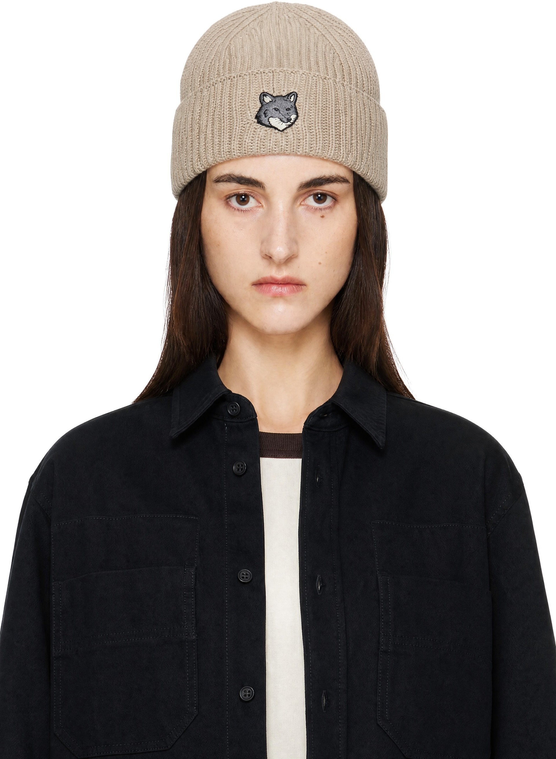 Maison Kitsuné - Bonnet beige à logo Fox Head