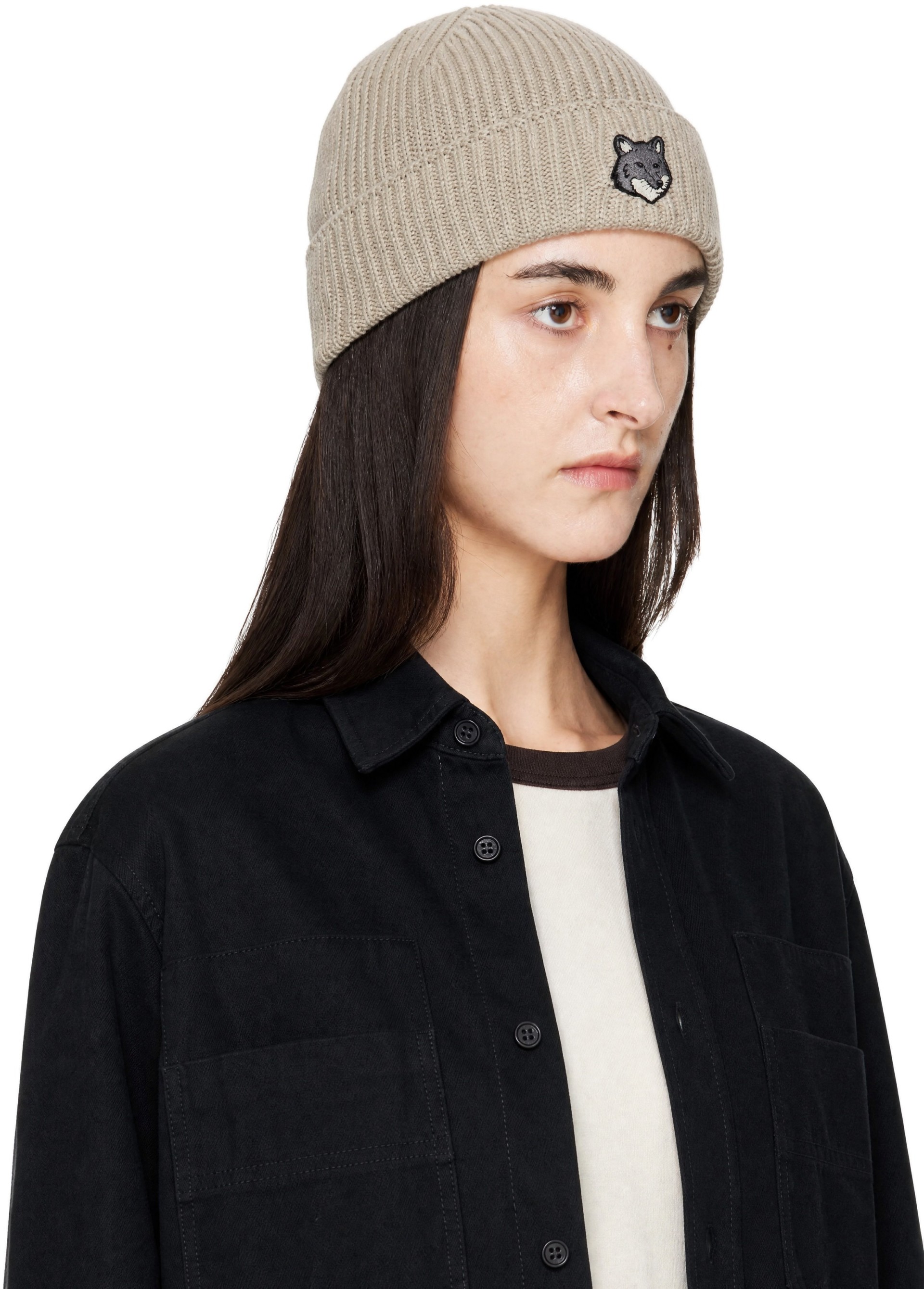 Maison Kitsuné - Bonnet beige à logo Fox Head