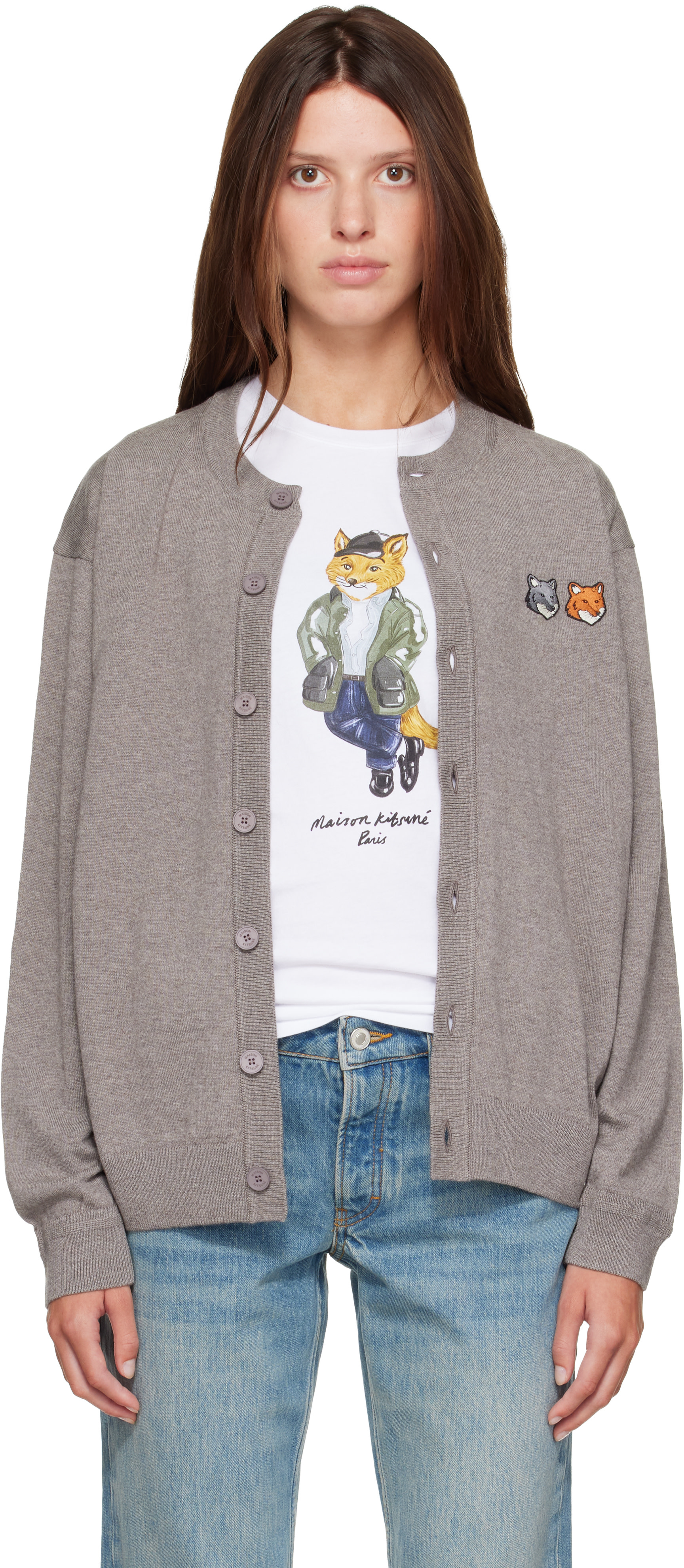 Maison Kitsuné: Taupe Double Fox Head Comfort Cardigan | SSENSE