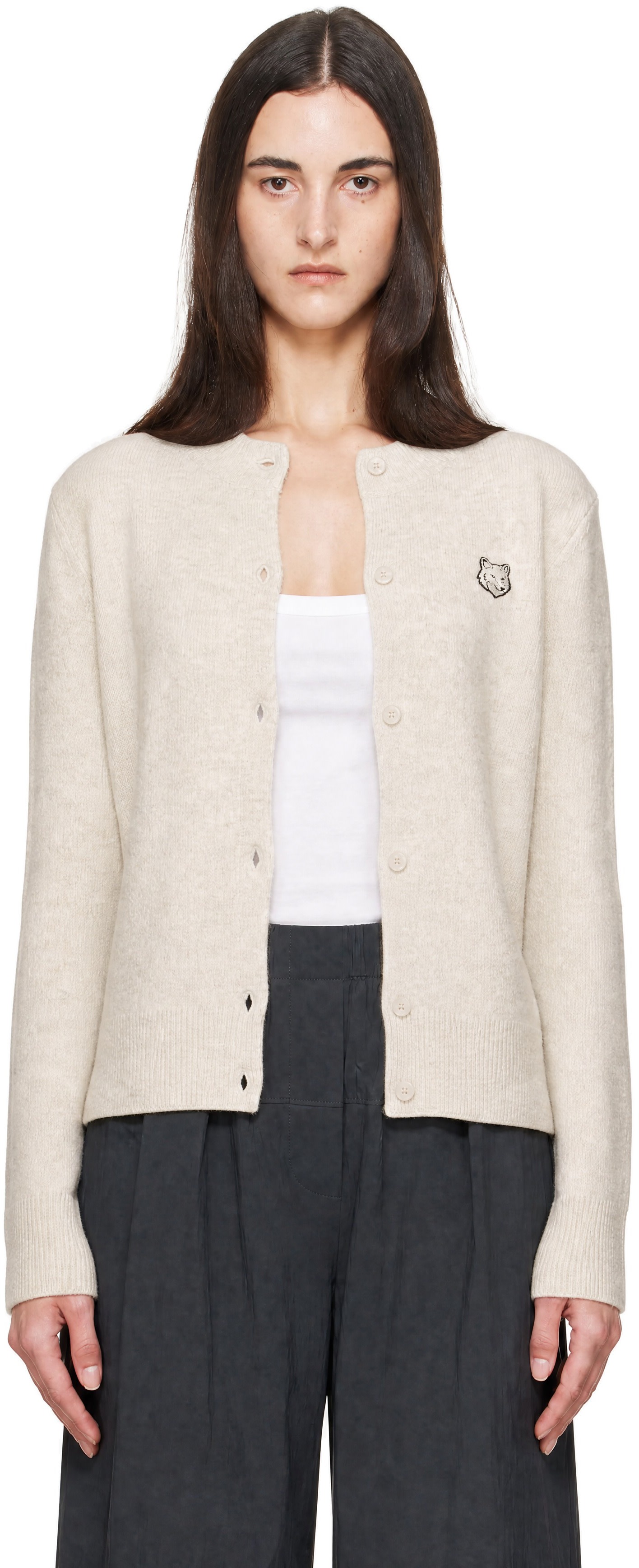 MAISON KITSUNÉ アイボリー カーディガン S Maison Kitsuné: Beige Fox Head Lambswool High Neck Cardigan | SSENSE