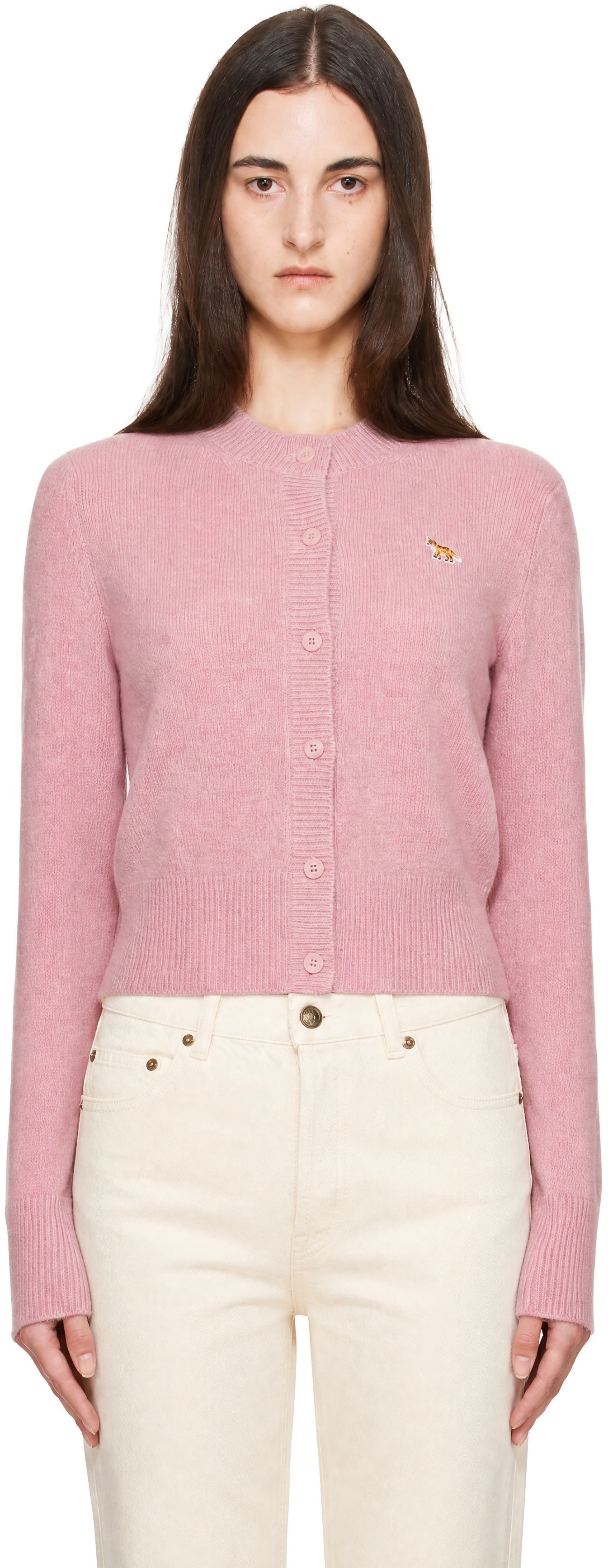 Maison Kitsuné: Pink Baby Fox Lambswool Fitted Cardigan | SSENSE