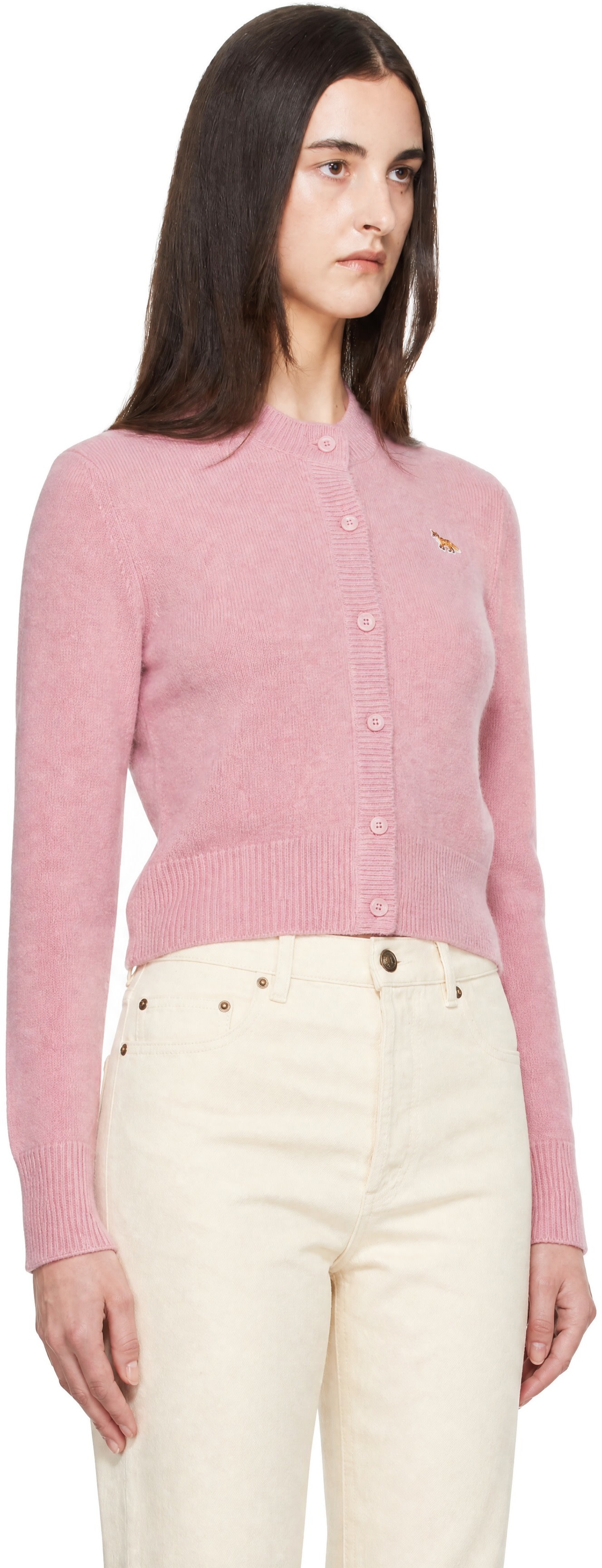 Maison Kitsuné: Pink Baby Fox Lambswool Fitted Cardigan | SSENSE